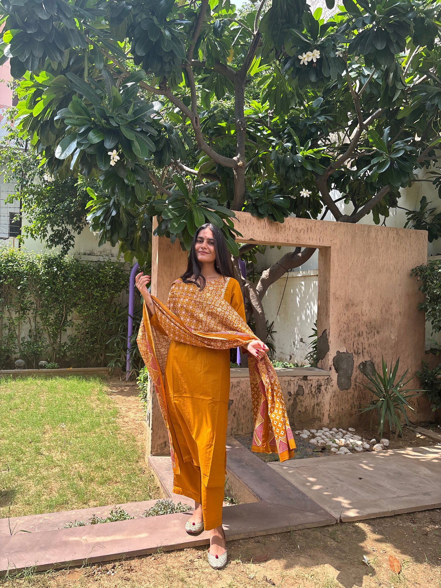 Mustard Cotton Suit Set with Ajrak Printed Dupatta