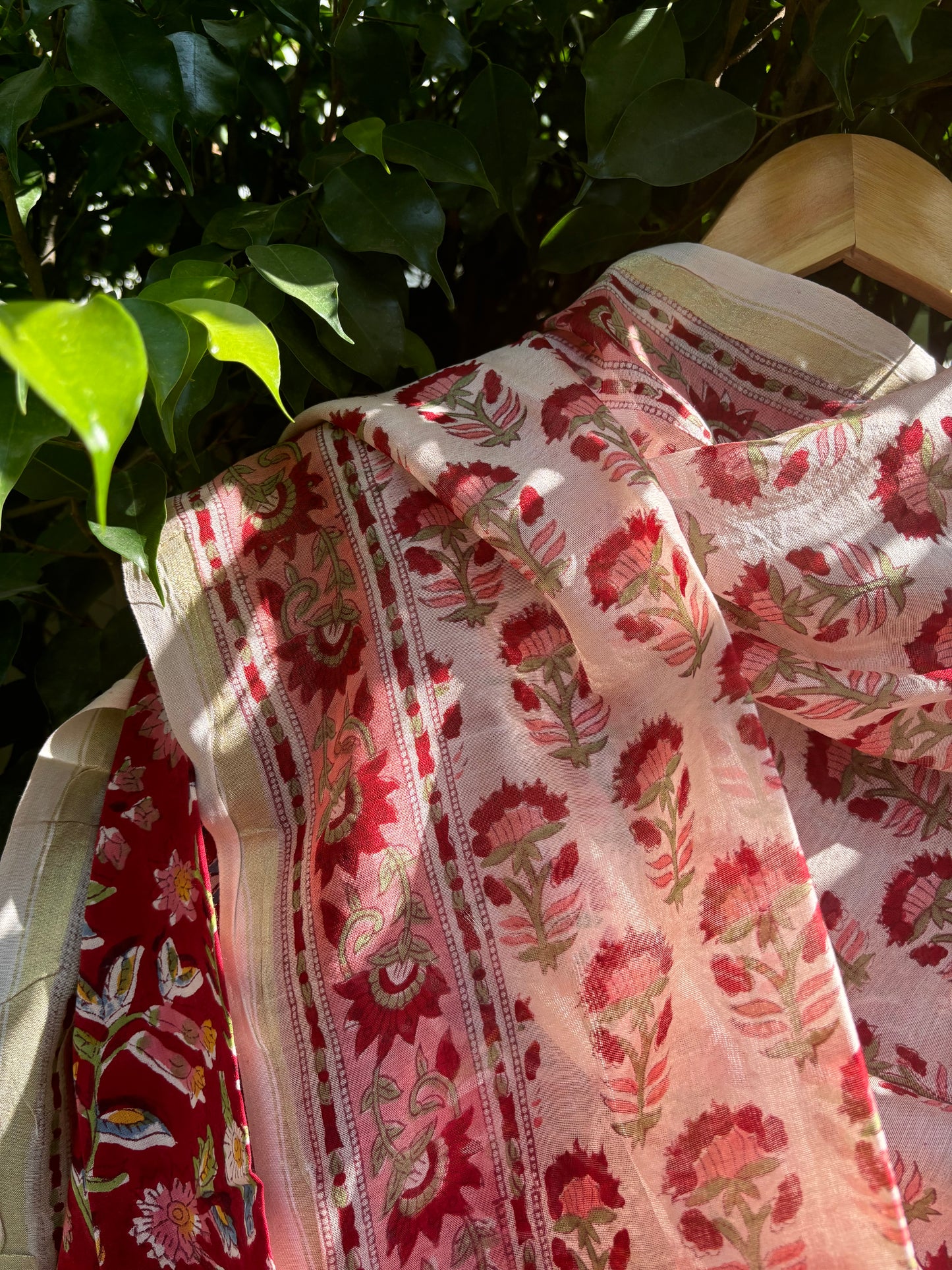 Red Pure Hand-block Anarkali Suit Set with Chanderi Dupatta