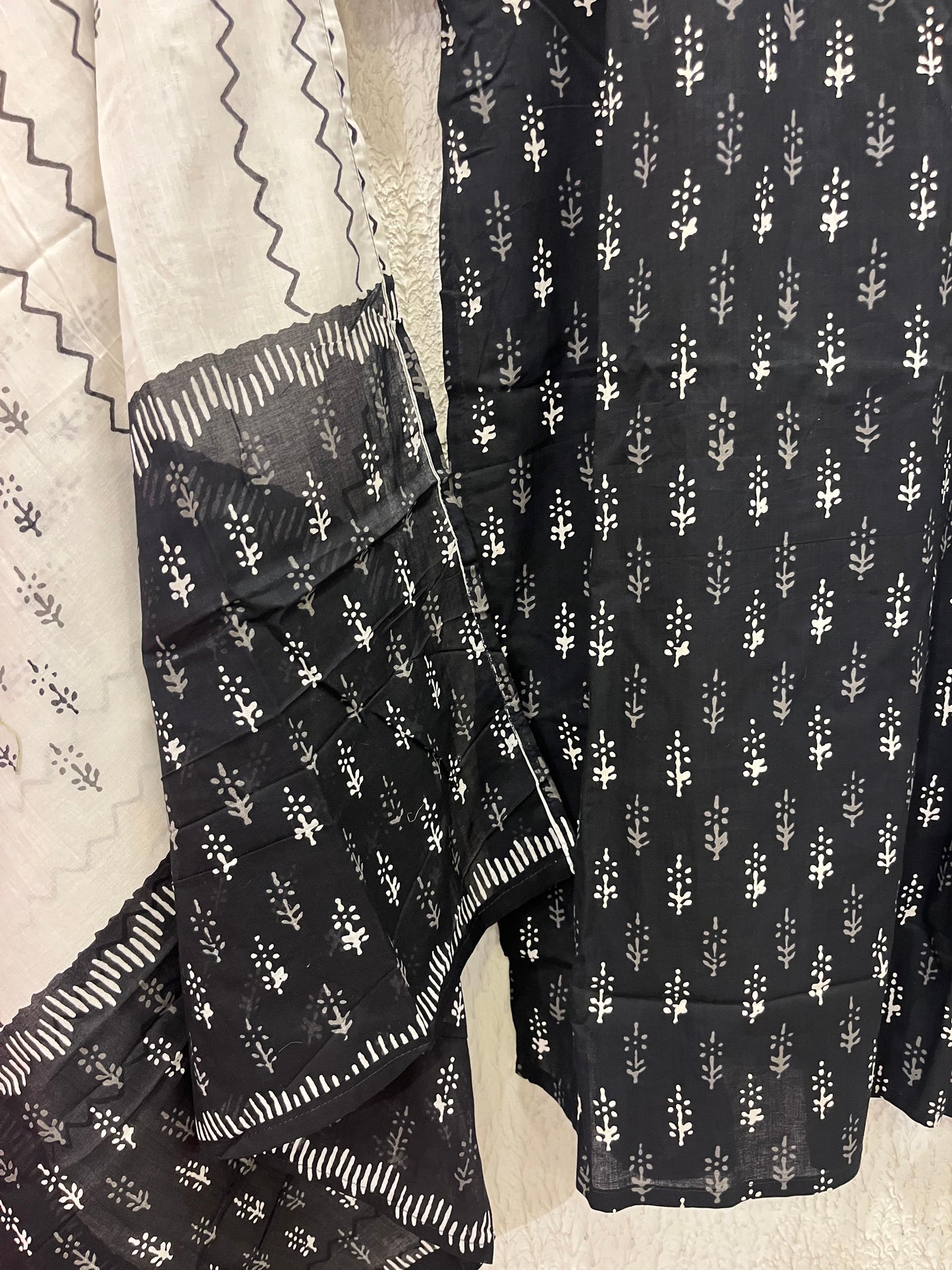 Black printed cotton kurta set with dupatta