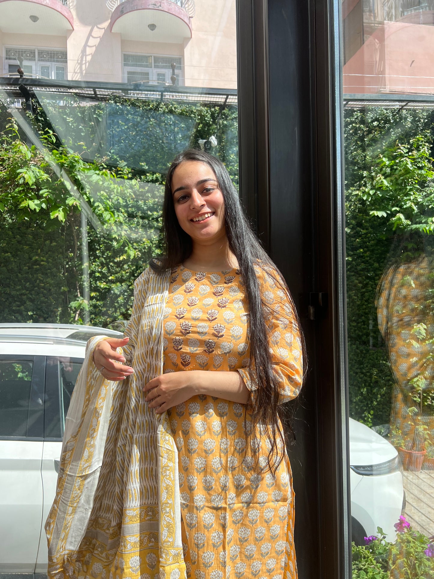Yellow Cotton Dupatta Set.