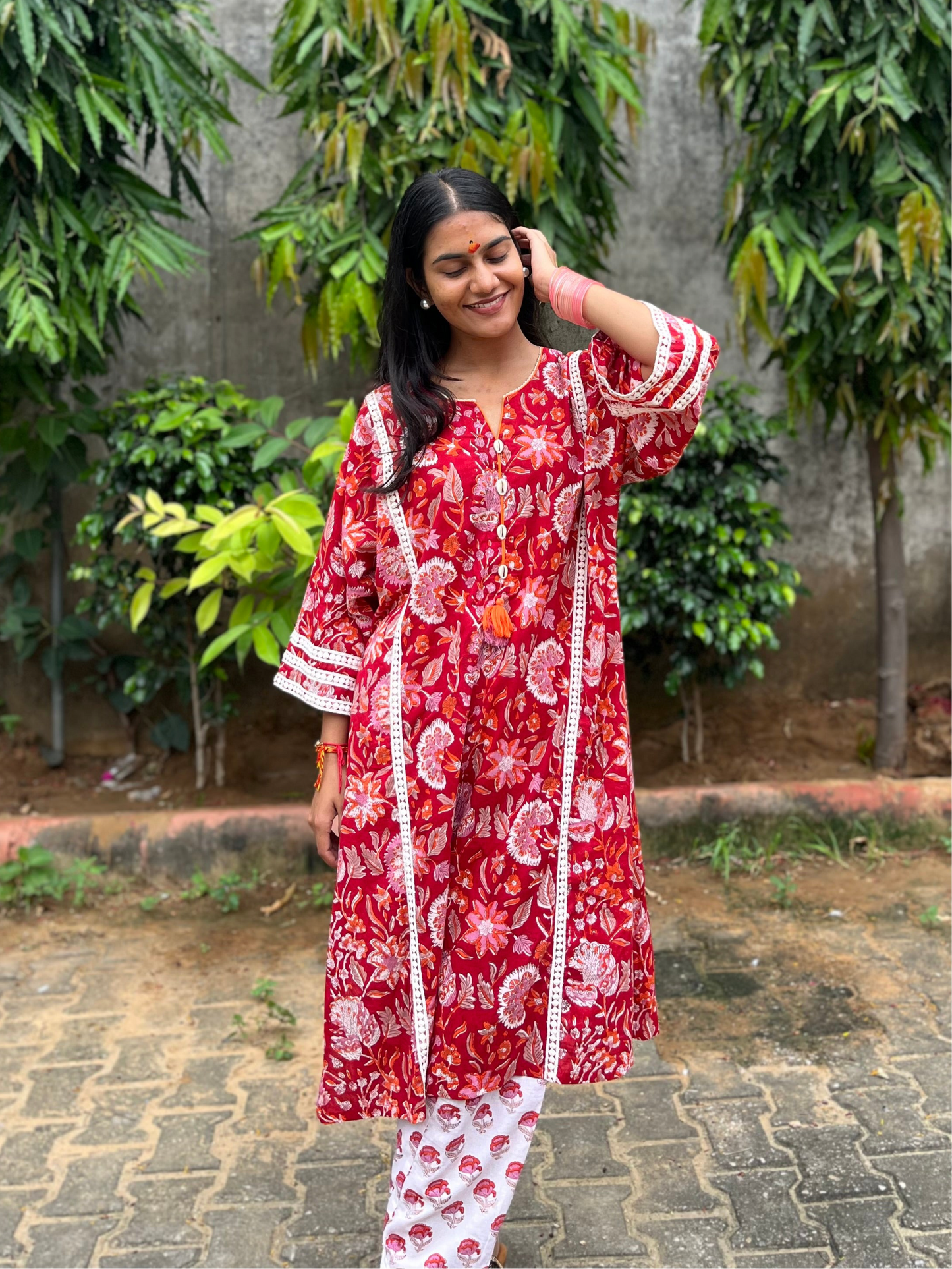 Pure hand block choga set kurta set with lace details