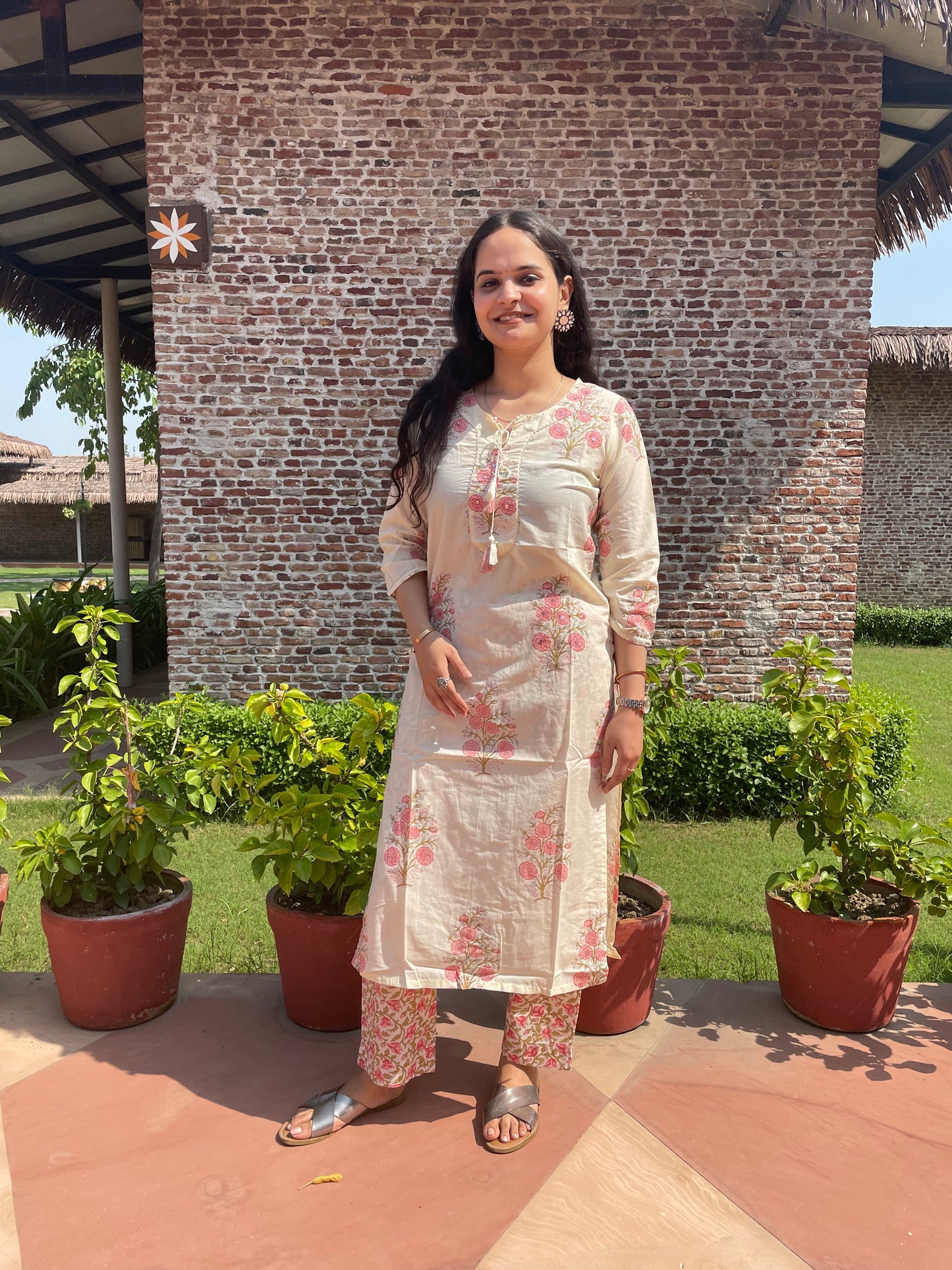 Off White Cotton Printed Kurta Set