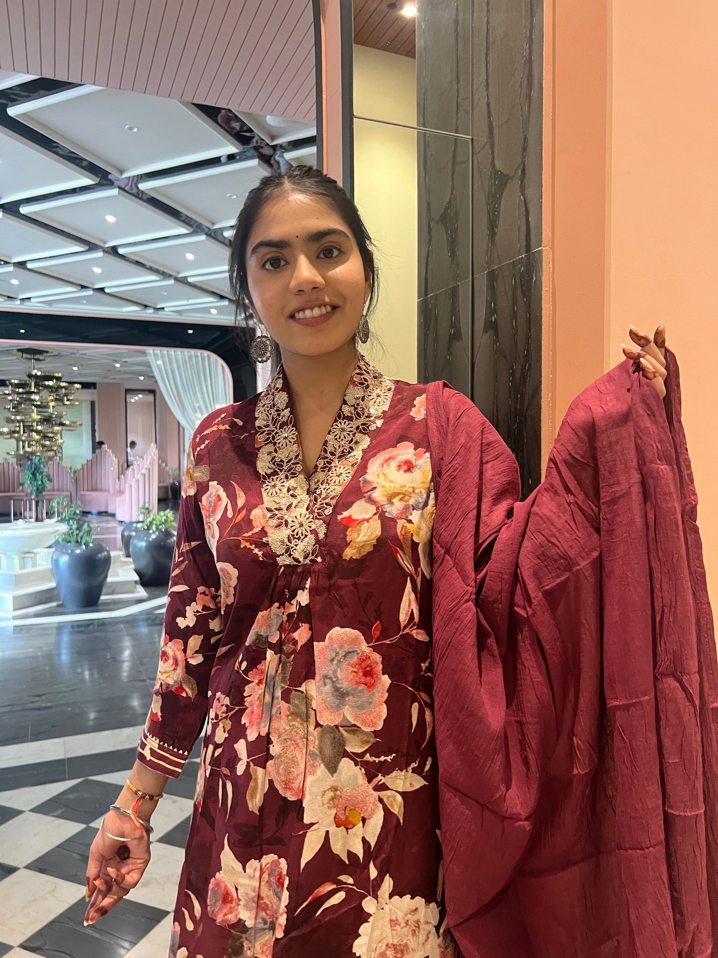 Wine Color Floral Printed Dupatta Set