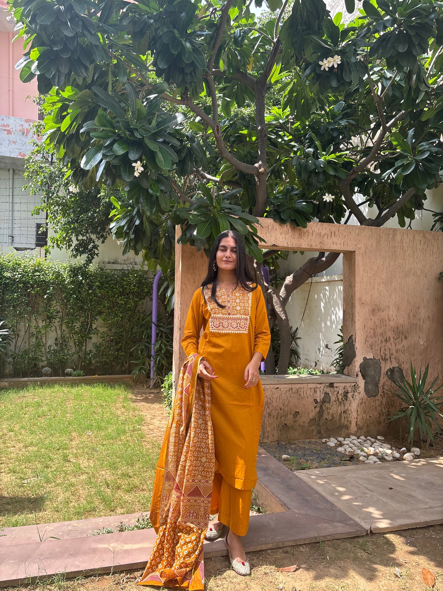 Mustard Cotton Suit Set with Ajrak Printed Dupatta