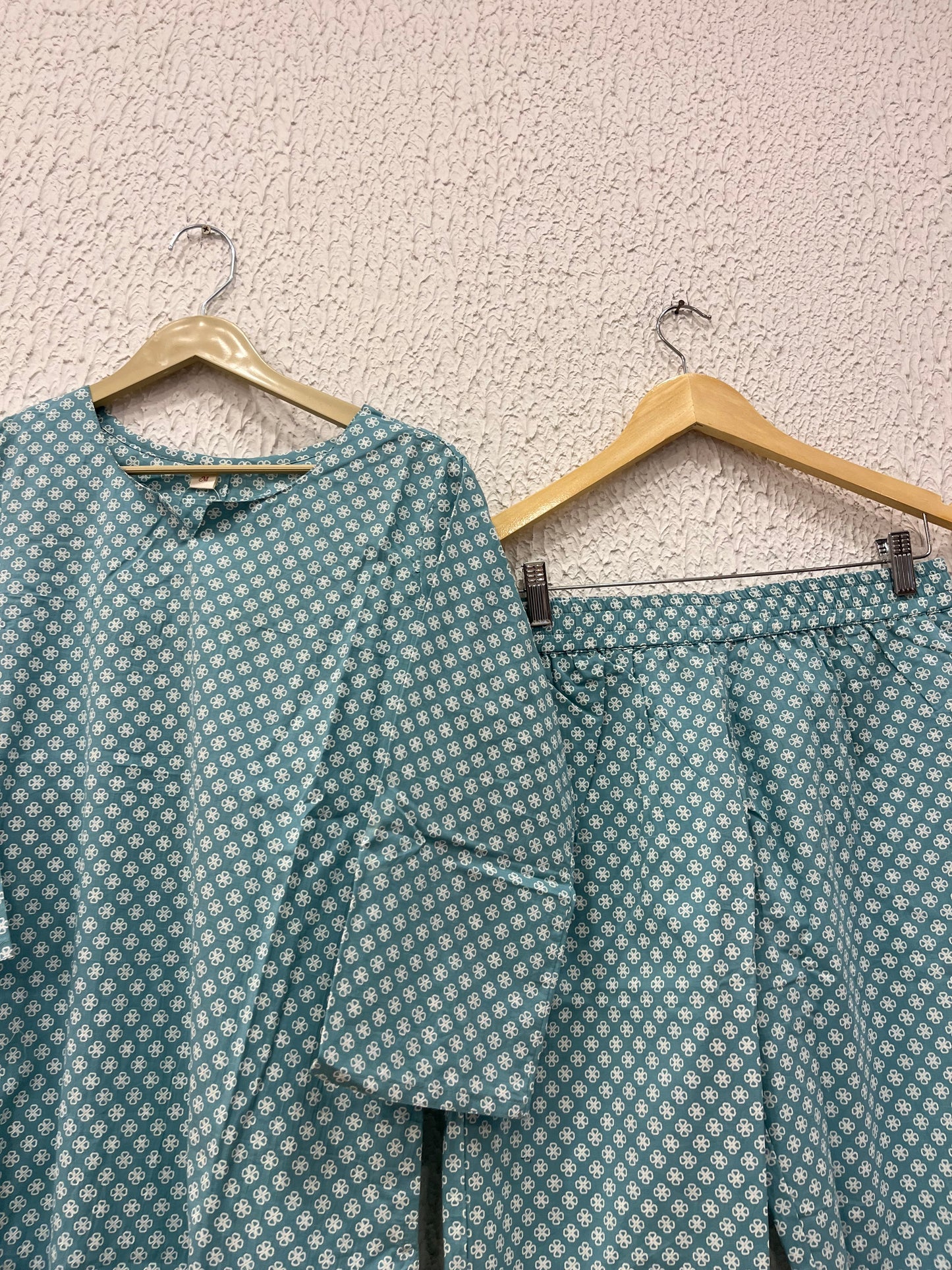 Pink/Teal blue Floral printed cotton loungewear set.