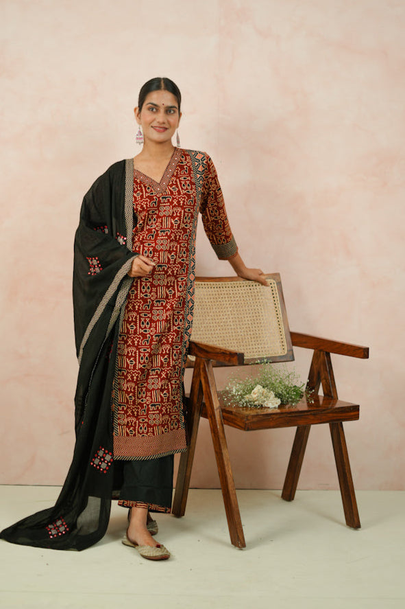 Brown Cotton Ajrak Kurta Set
