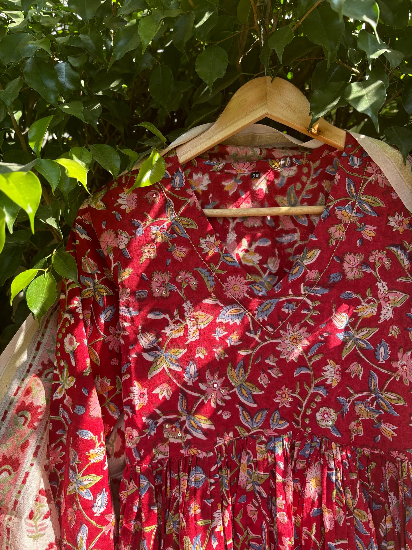 Red Pure Hand-block Anarkali Suit Set with Chanderi Dupatta