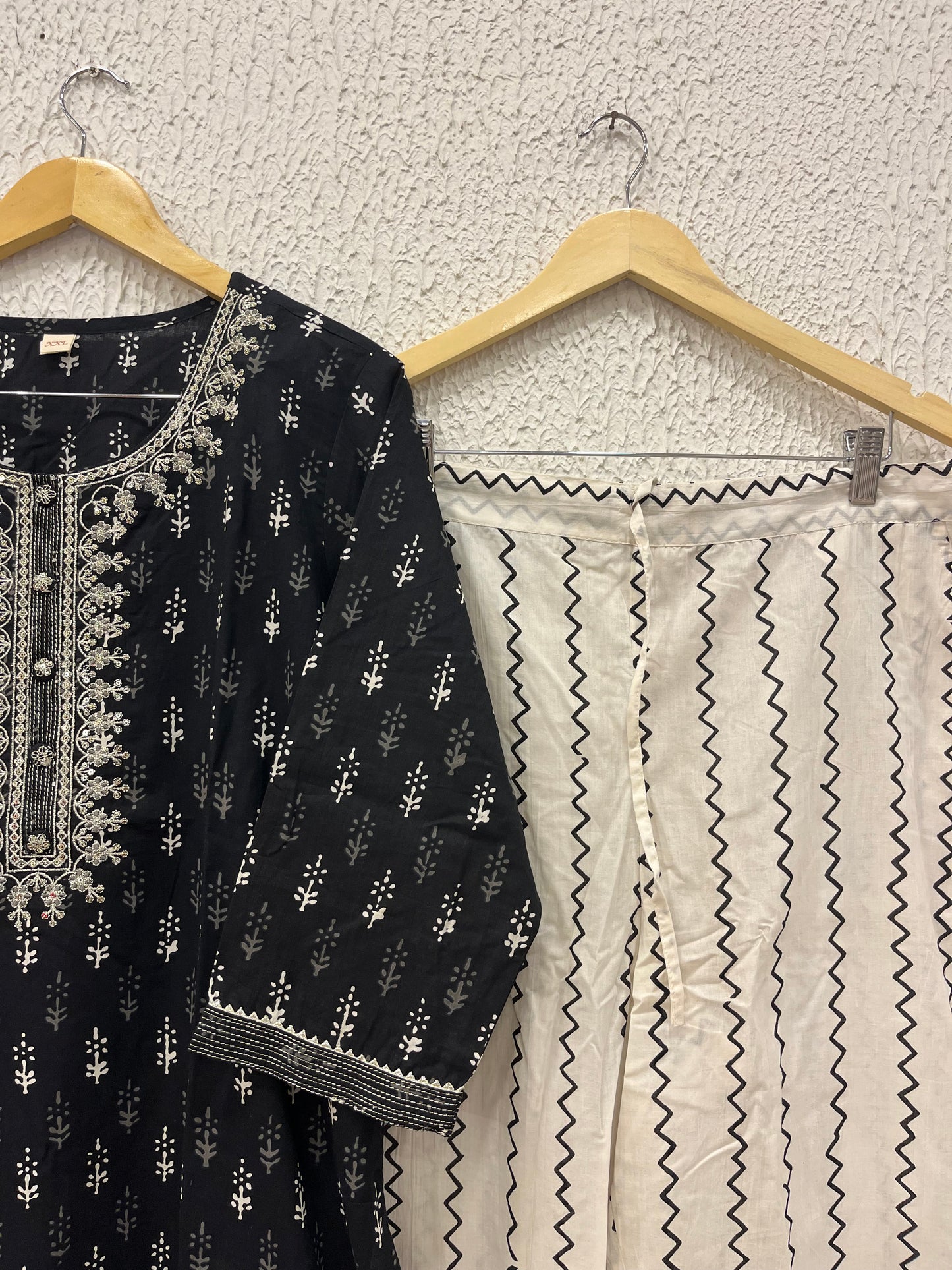 Black printed cotton kurta set with dupatta