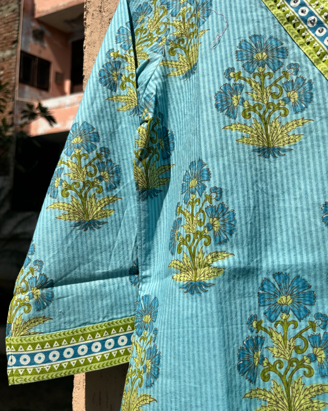 Green Blue Floral Print V neck Cotton Co-ord Set