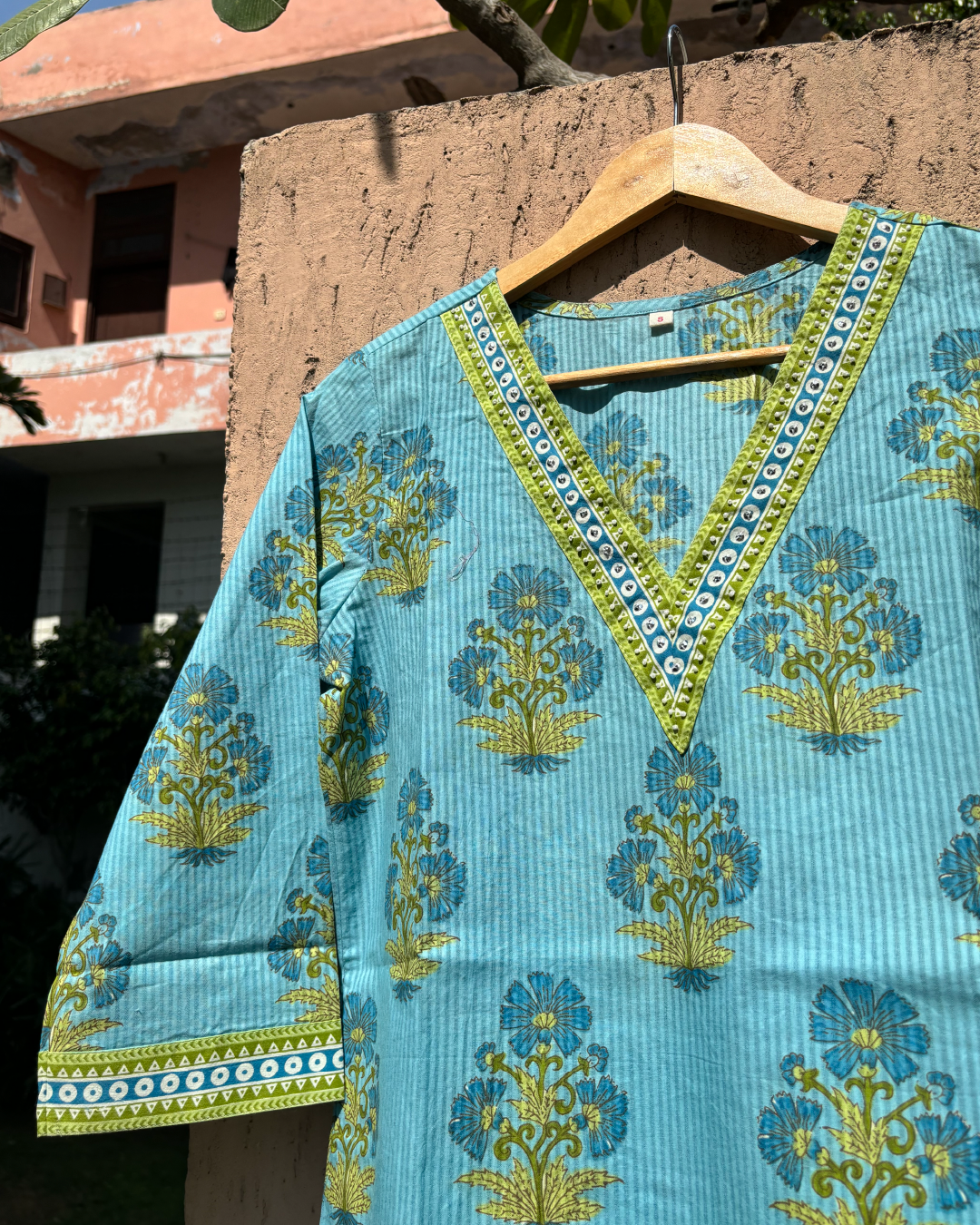 Green Blue Floral Print V neck Cotton Co-ord Set