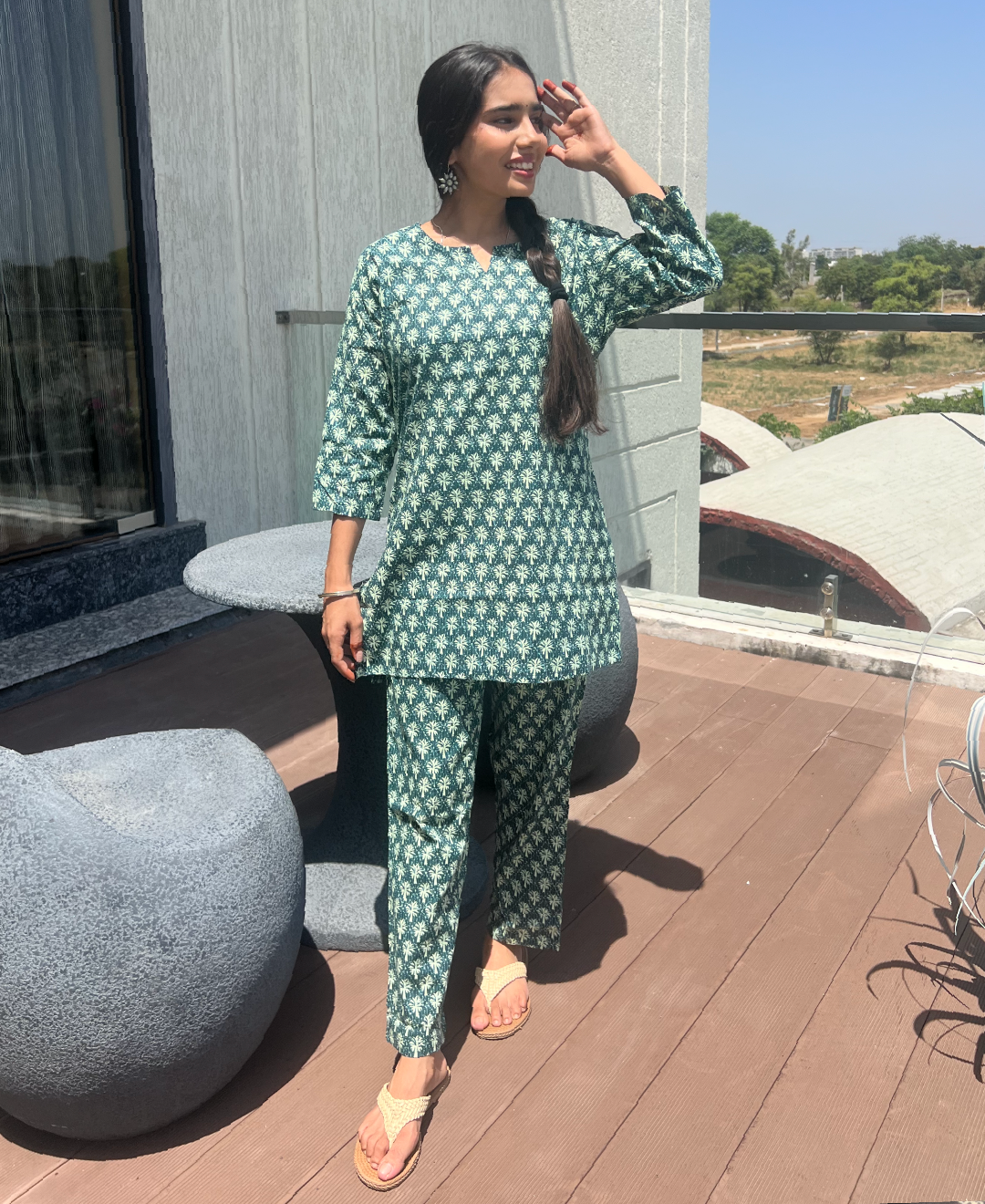 Dark Green Booti Print Cotton Loungwear Set
