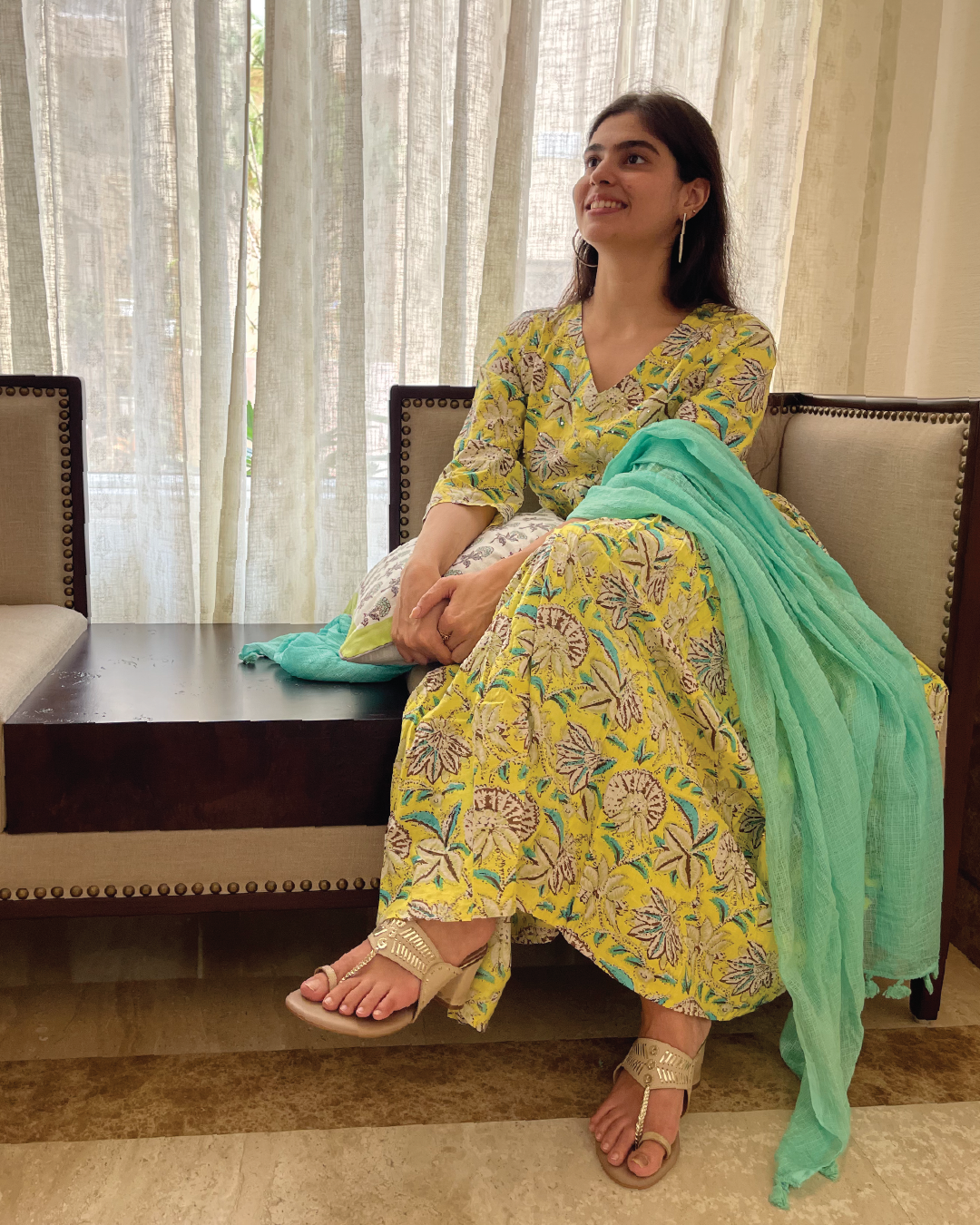 Yellow Floral Cotton Anarkali Set