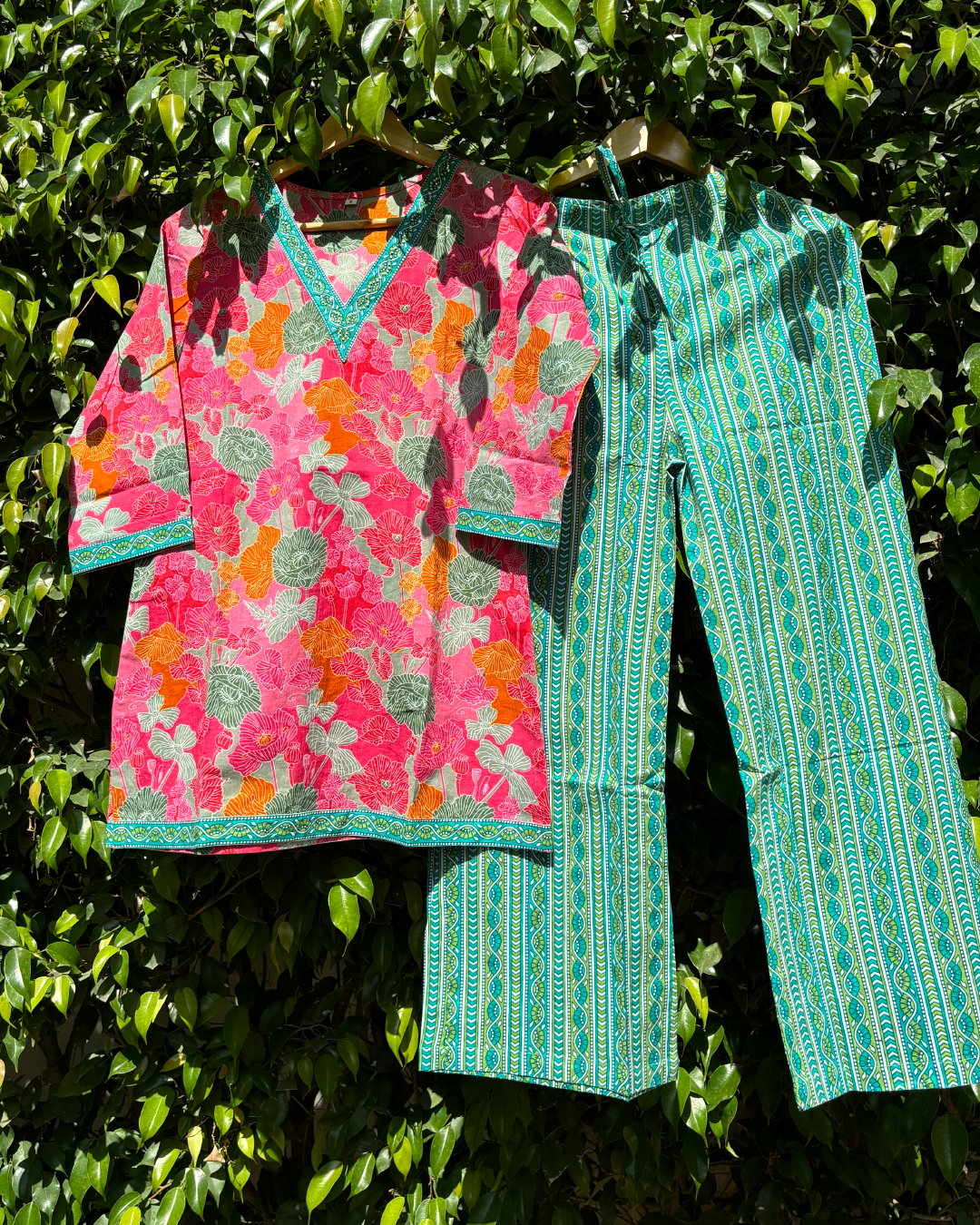 Pink Floral Print V neck Cotton Co-ord Set
