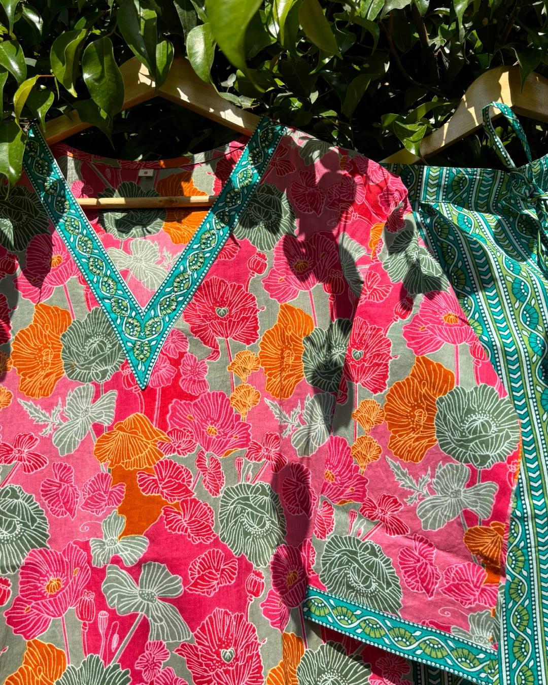Pink Floral Print V neck Cotton Co-ord Set