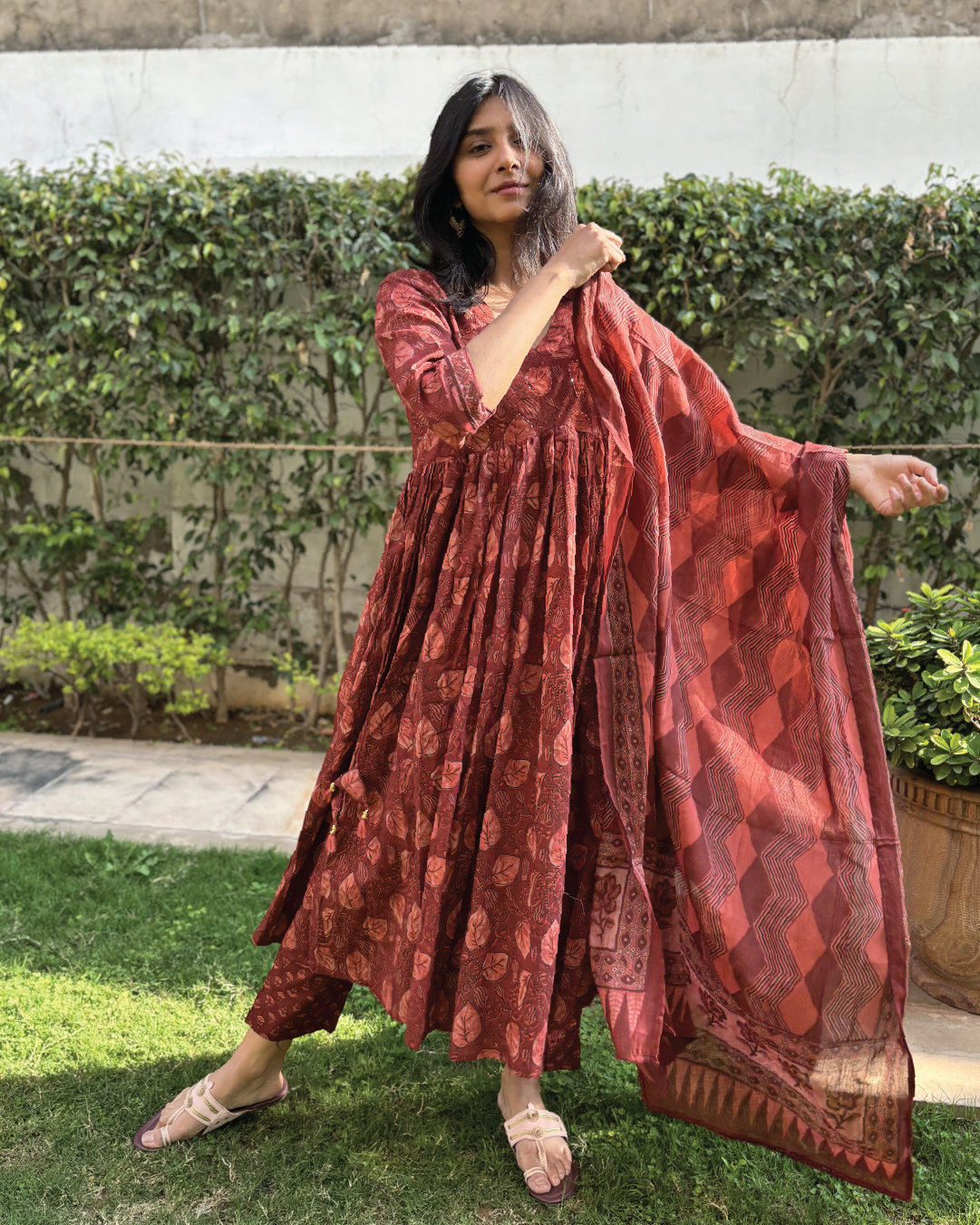 Dabu Print Cotton Alia Cut Anarkali Suit Set