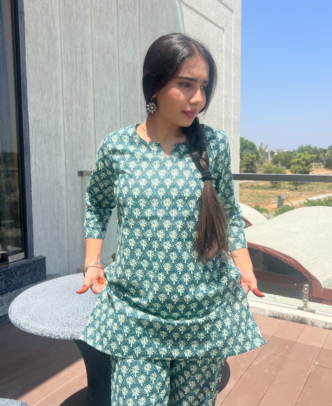 Dark Green Booti Print Cotton Loungwear Set