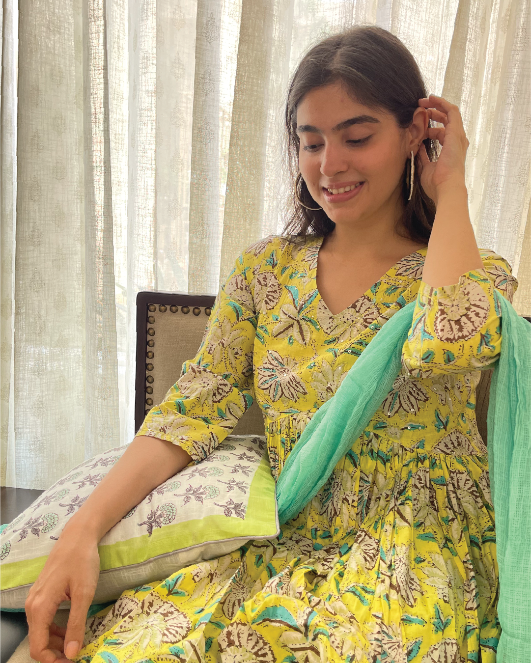 Yellow Floral Cotton Anarkali Set