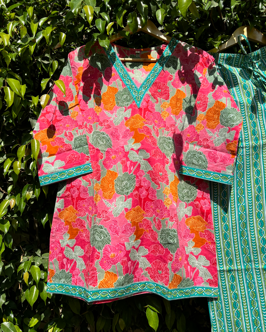 Pink Floral Print V neck Cotton Co-ord Set