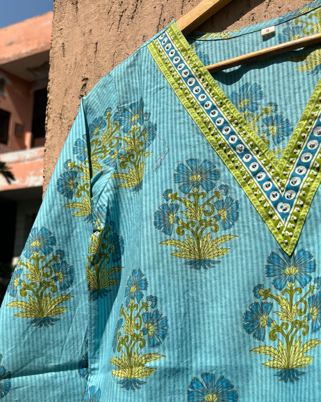 Green Blue Floral Print V neck Cotton Co-ord Set