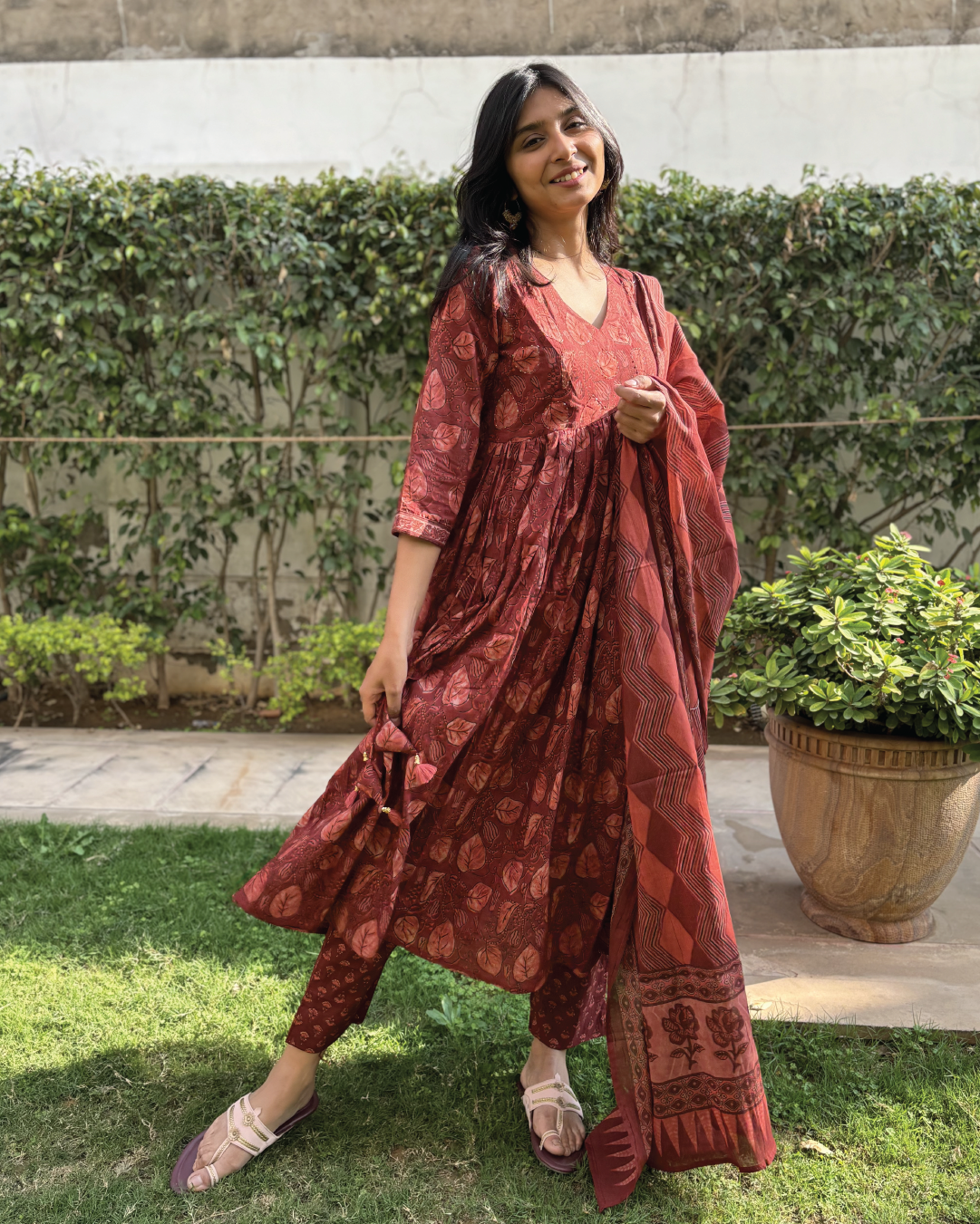 Dabu Print Cotton Alia Cut Anarkali Suit Set