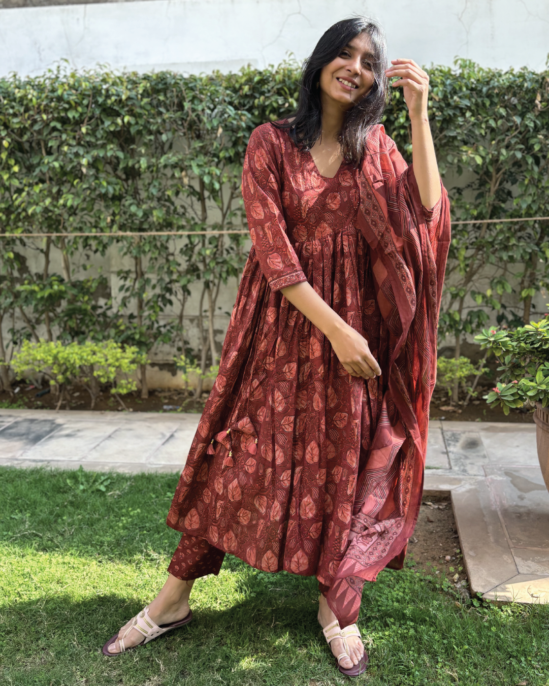 Dabu Print Cotton Alia Cut Anarkali Suit Set