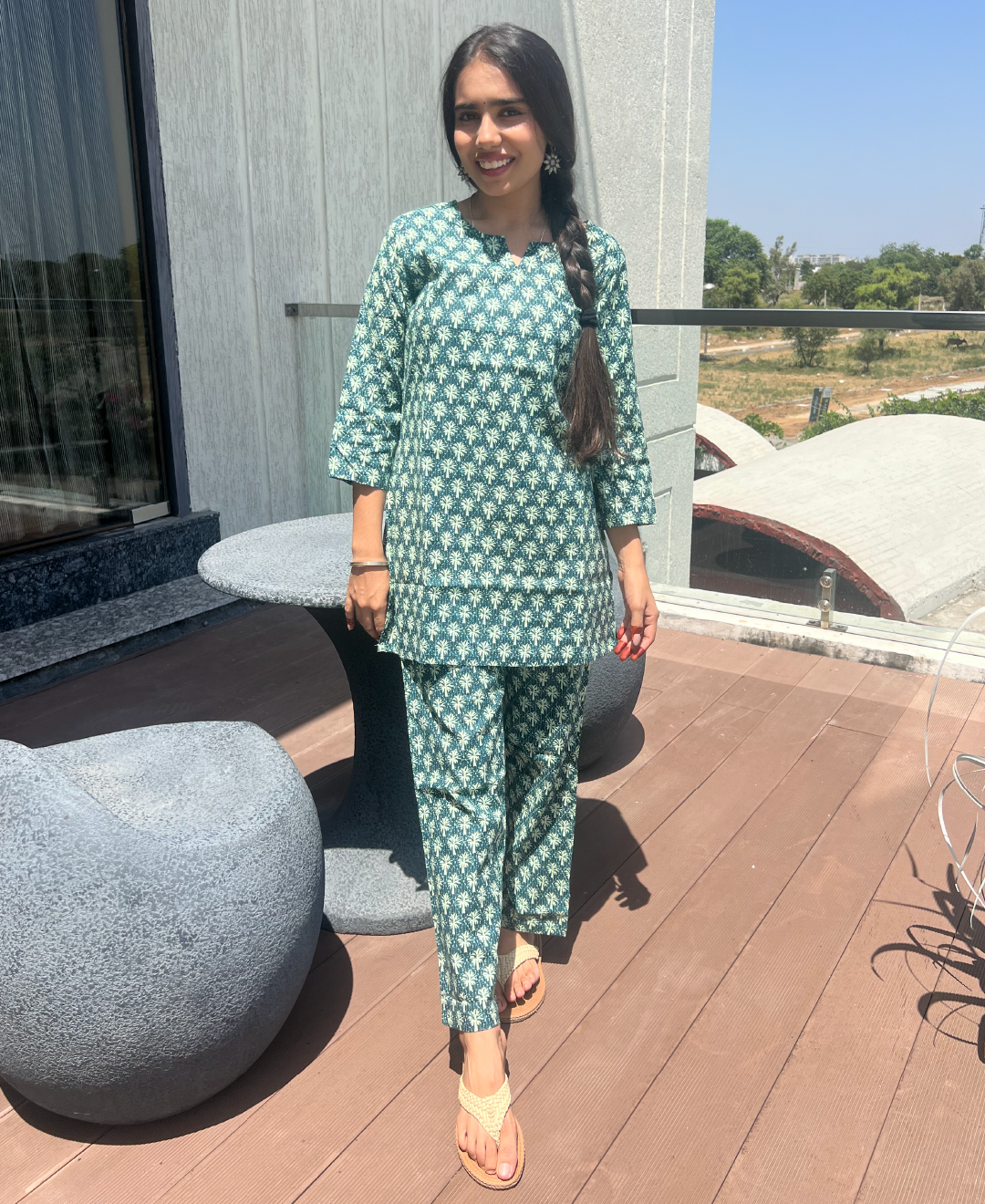 Dark Green Booti Print Cotton Loungwear Set