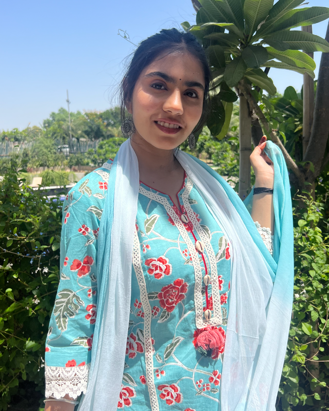 Blue Block Print Straight Suit