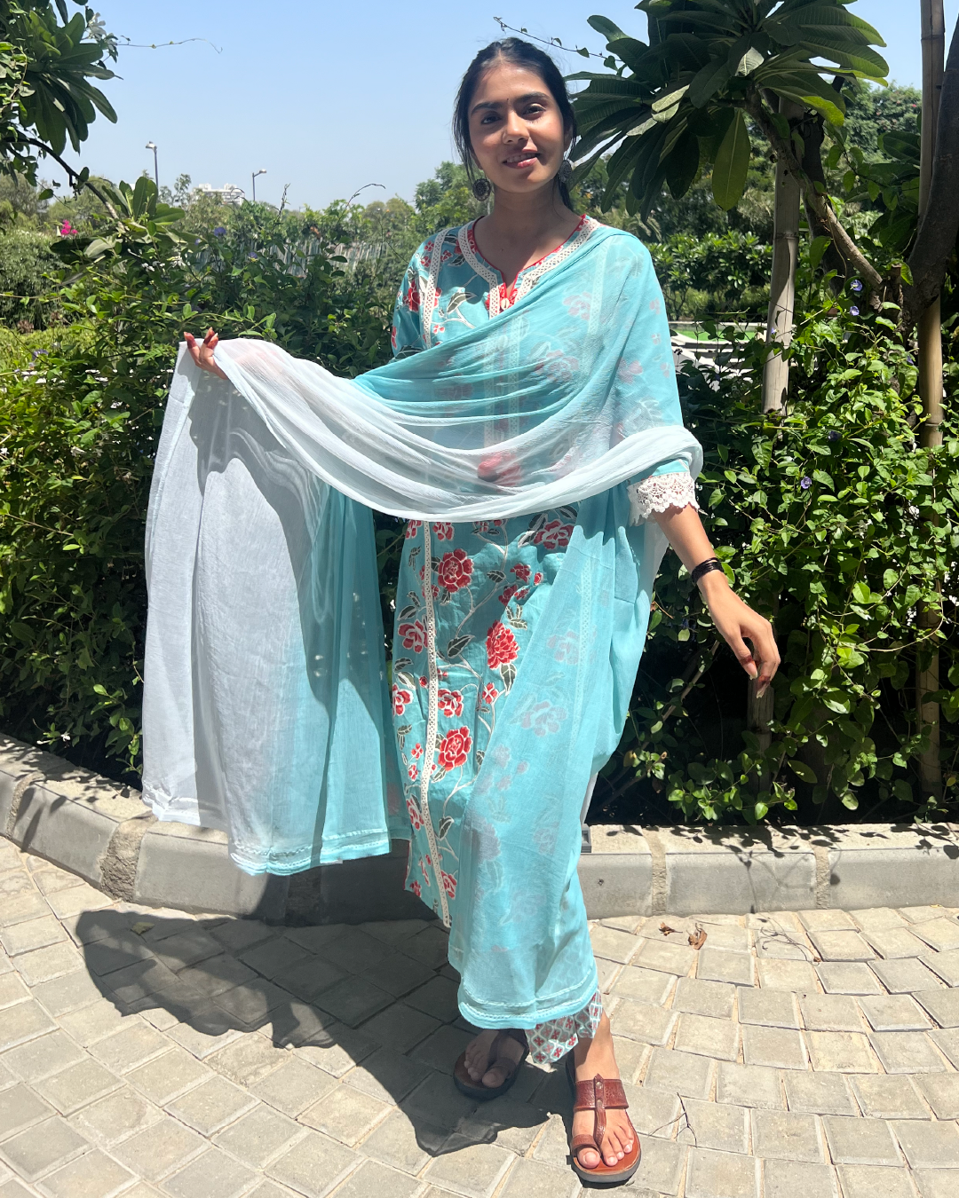 Blue Block Print Straight Suit