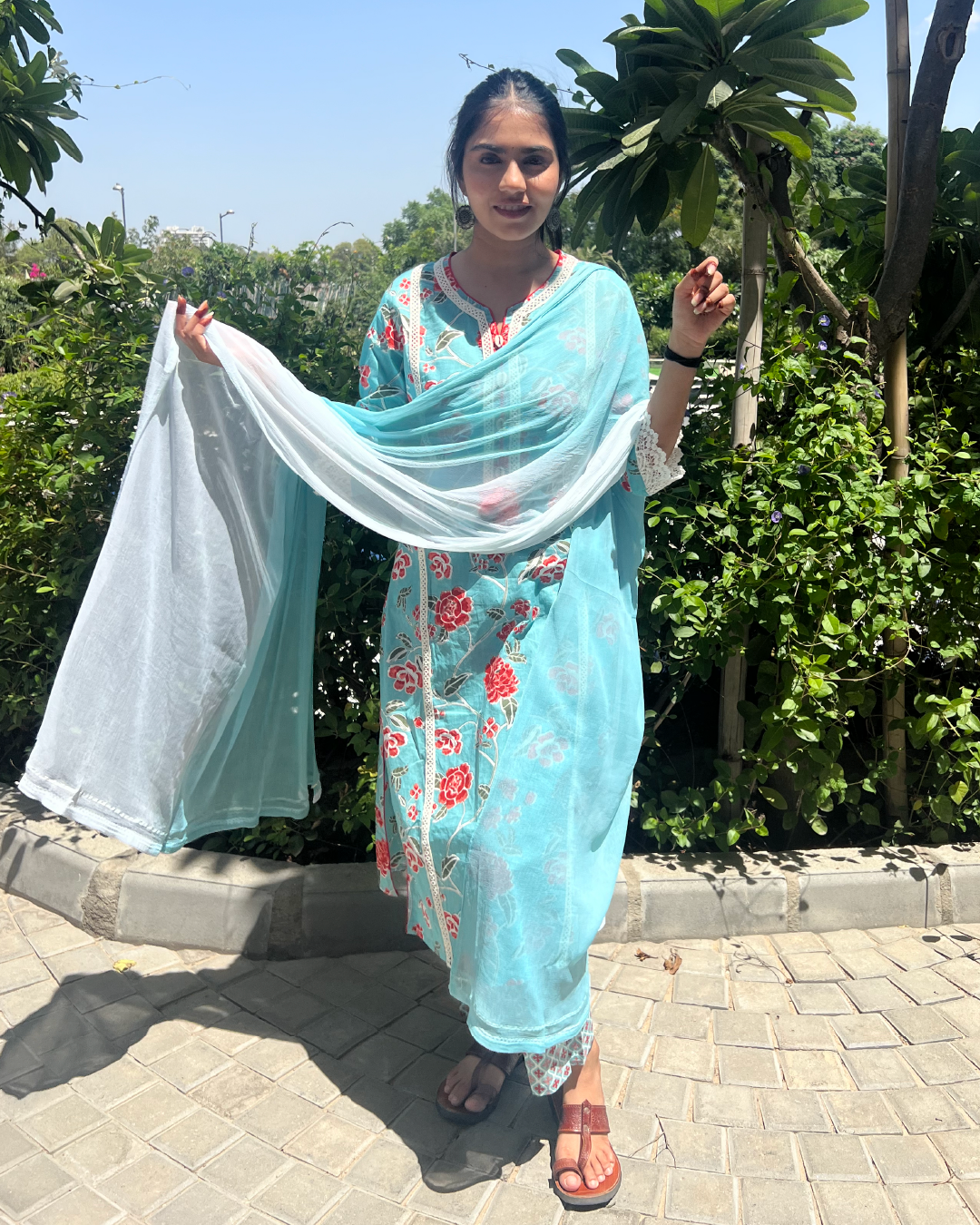 Blue Block Print Straight Suit