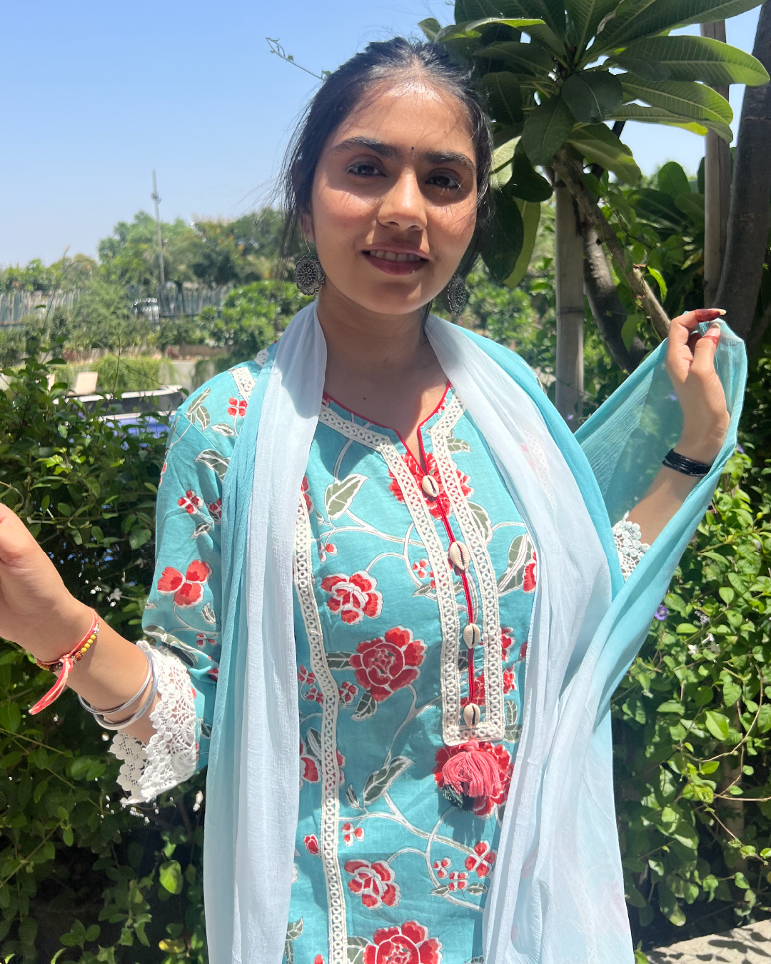 Blue Block Print Straight Suit