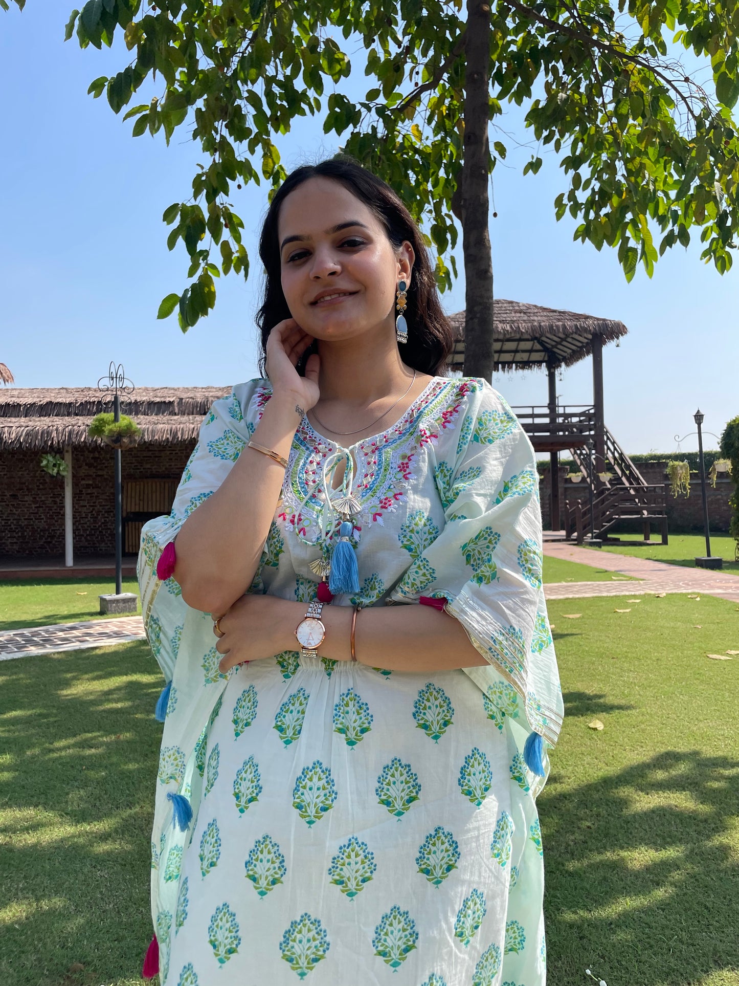 White Cotton Printed Kaftan