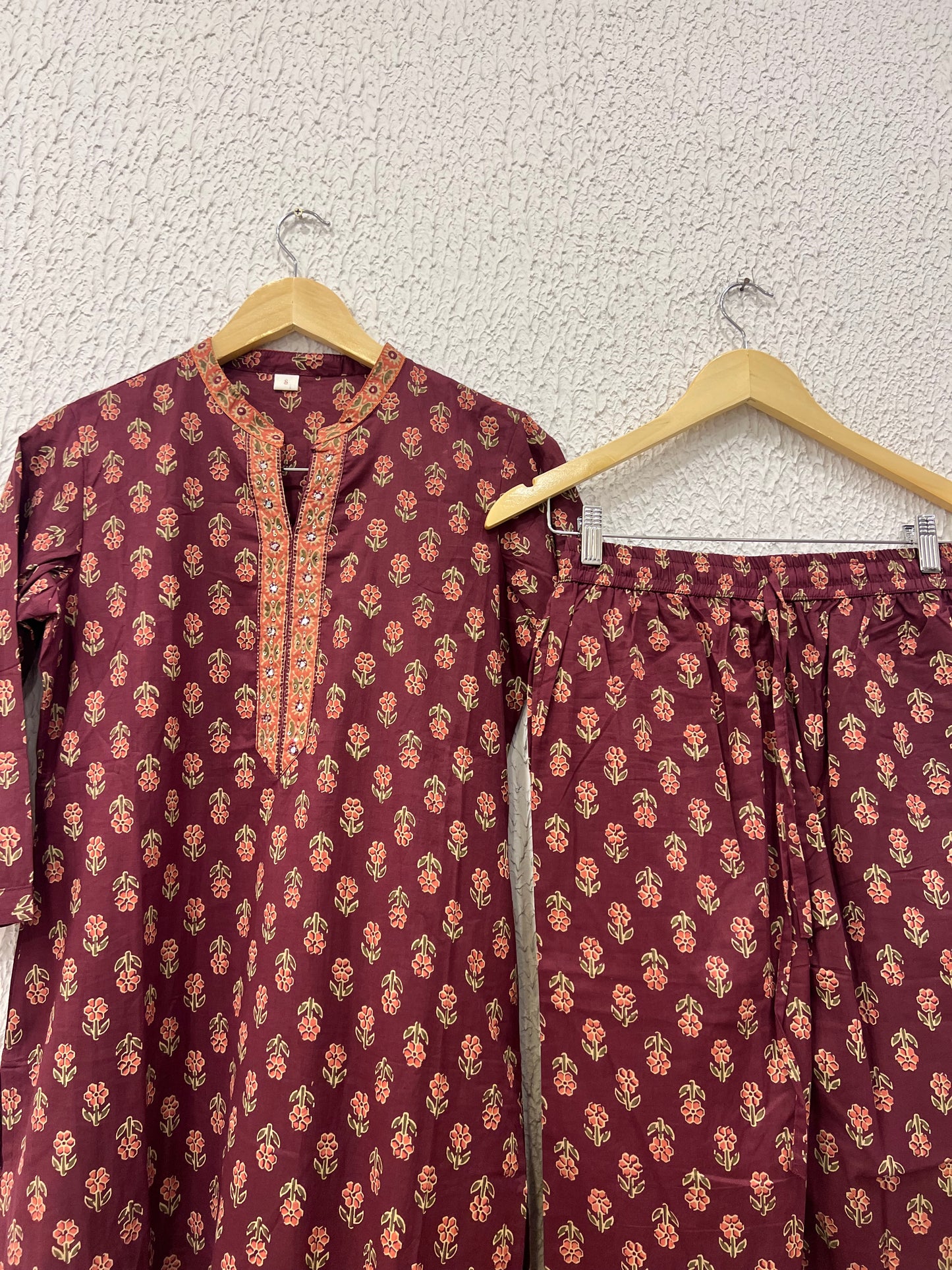 Maroon Cotton Printed Kurta Set