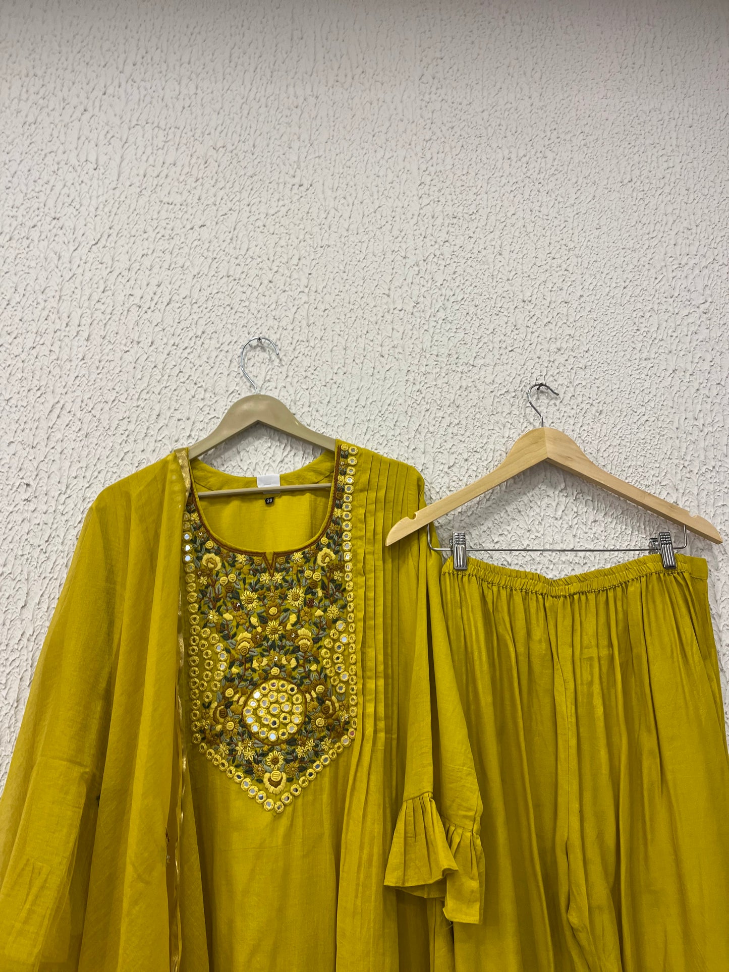 Yellow Mul Cotton Suit Set with hand katha work