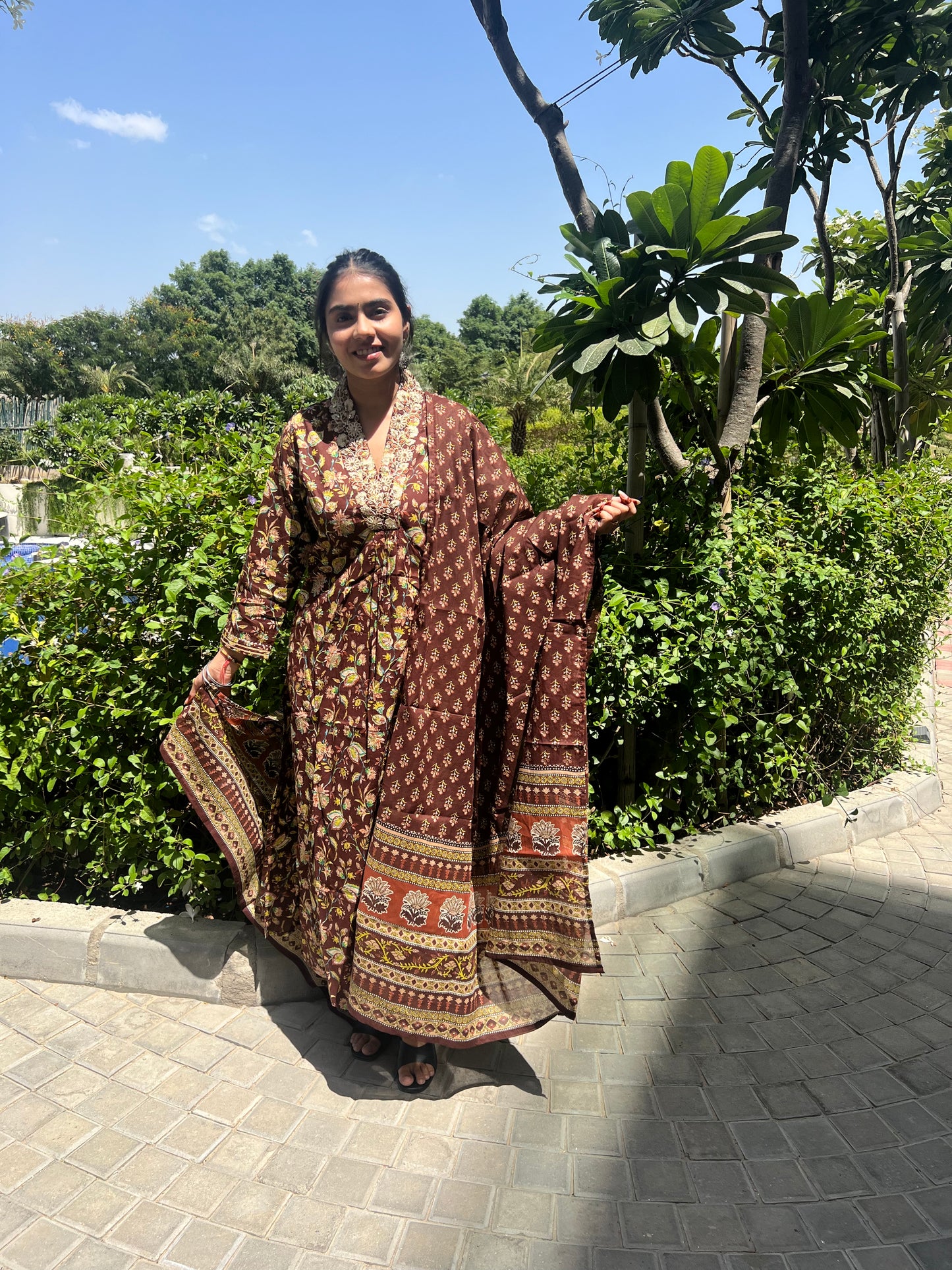 Brown Cotton Printed Dupatta Set.