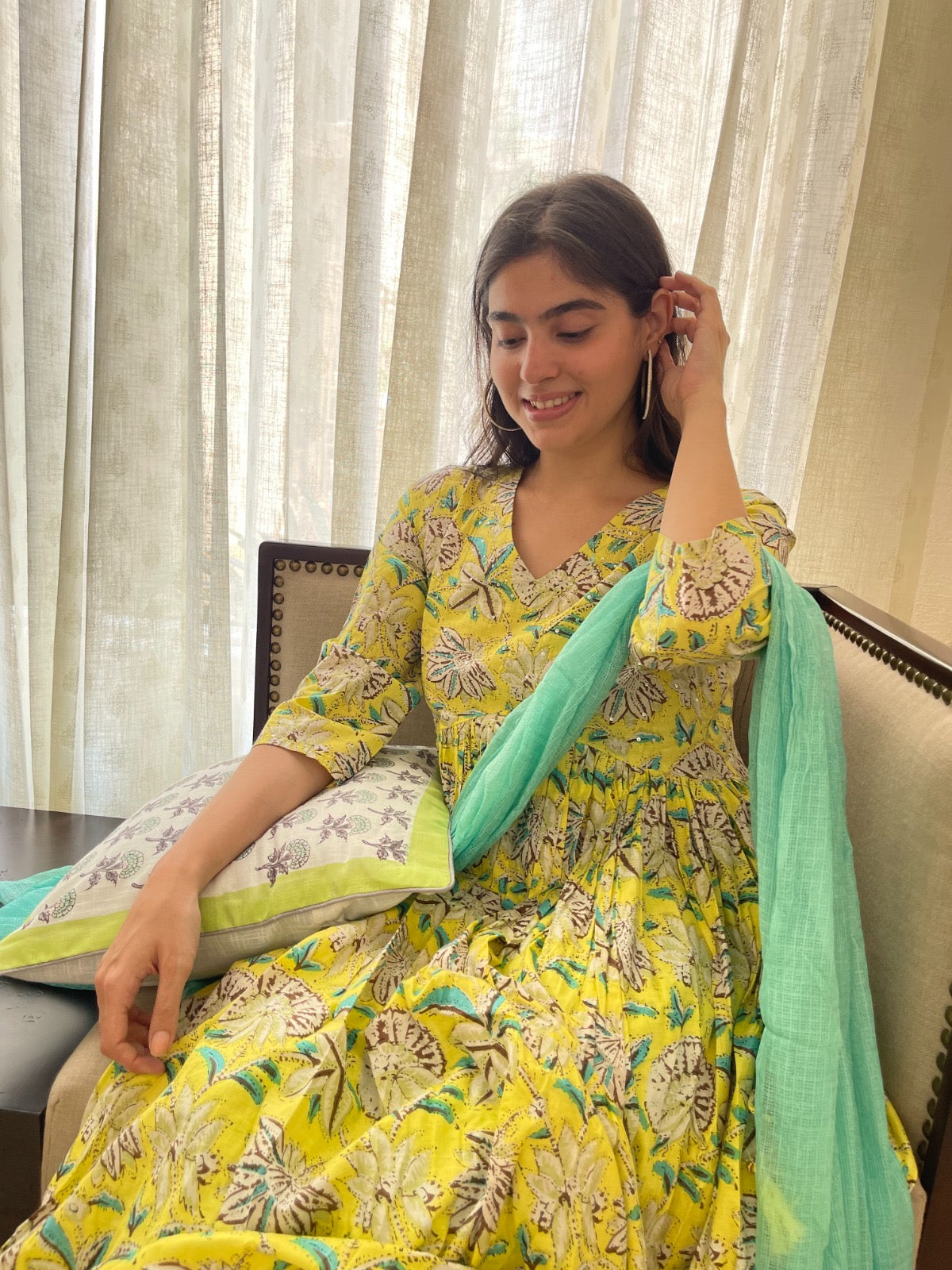 Lemon Printed Cotton Anarkali Suit Set with Kota doriya dupatta