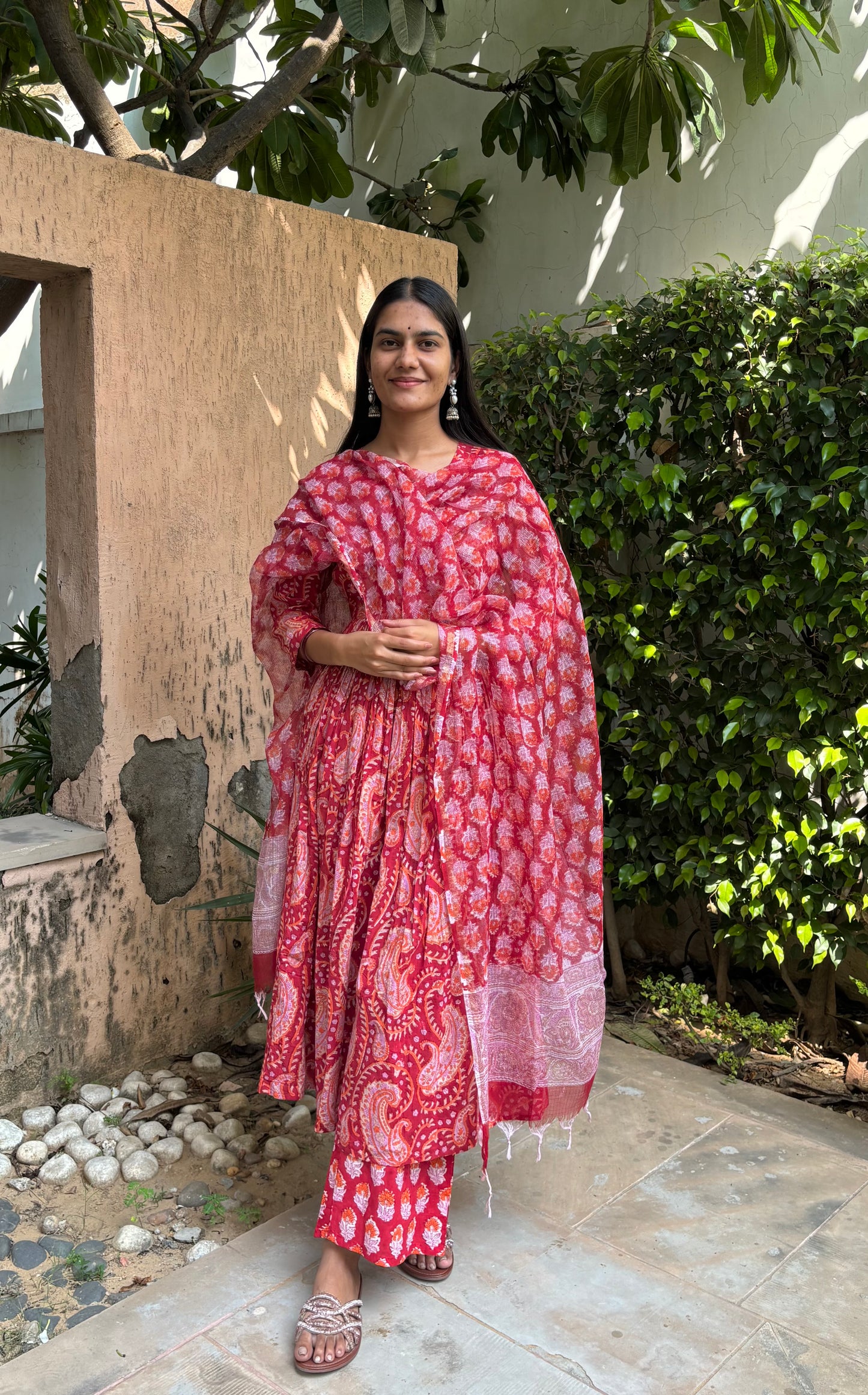 Red Handblock Printed Cotton Anarkali