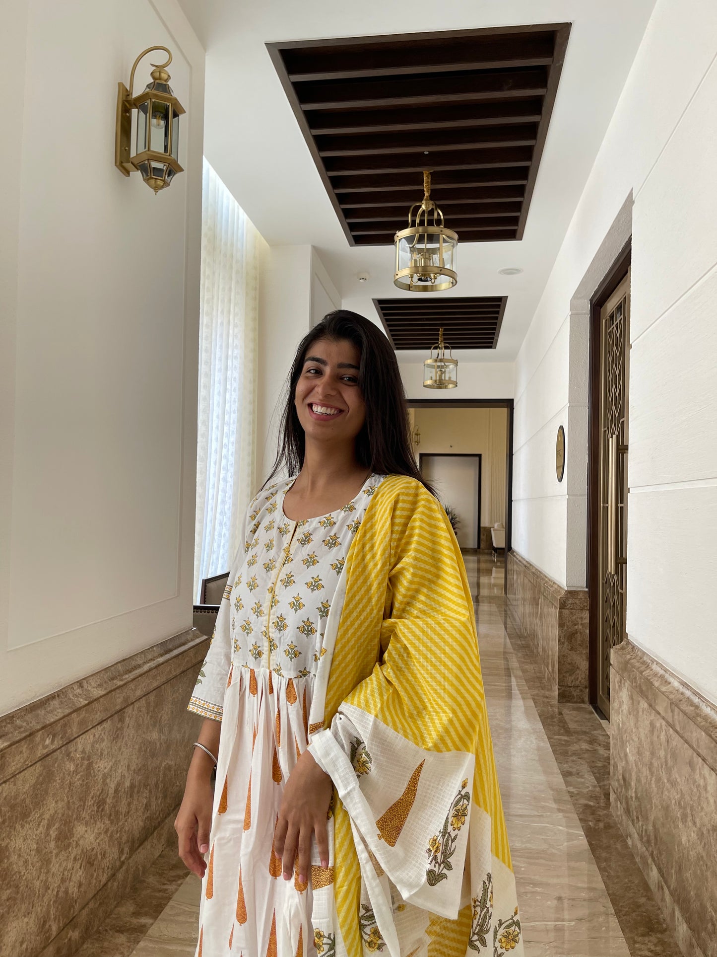 Yellow Floral Print Cotton Anarkali Suit Set