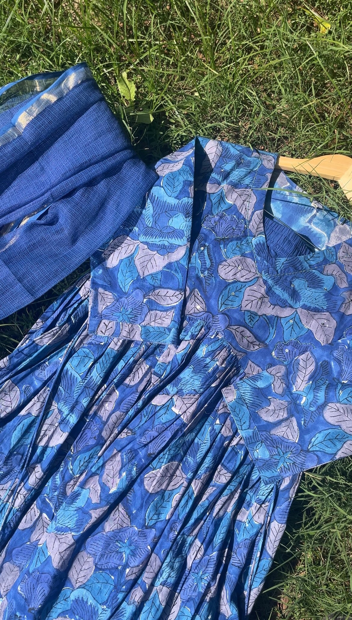 Blue Handblock Printed Cotton Anarkali