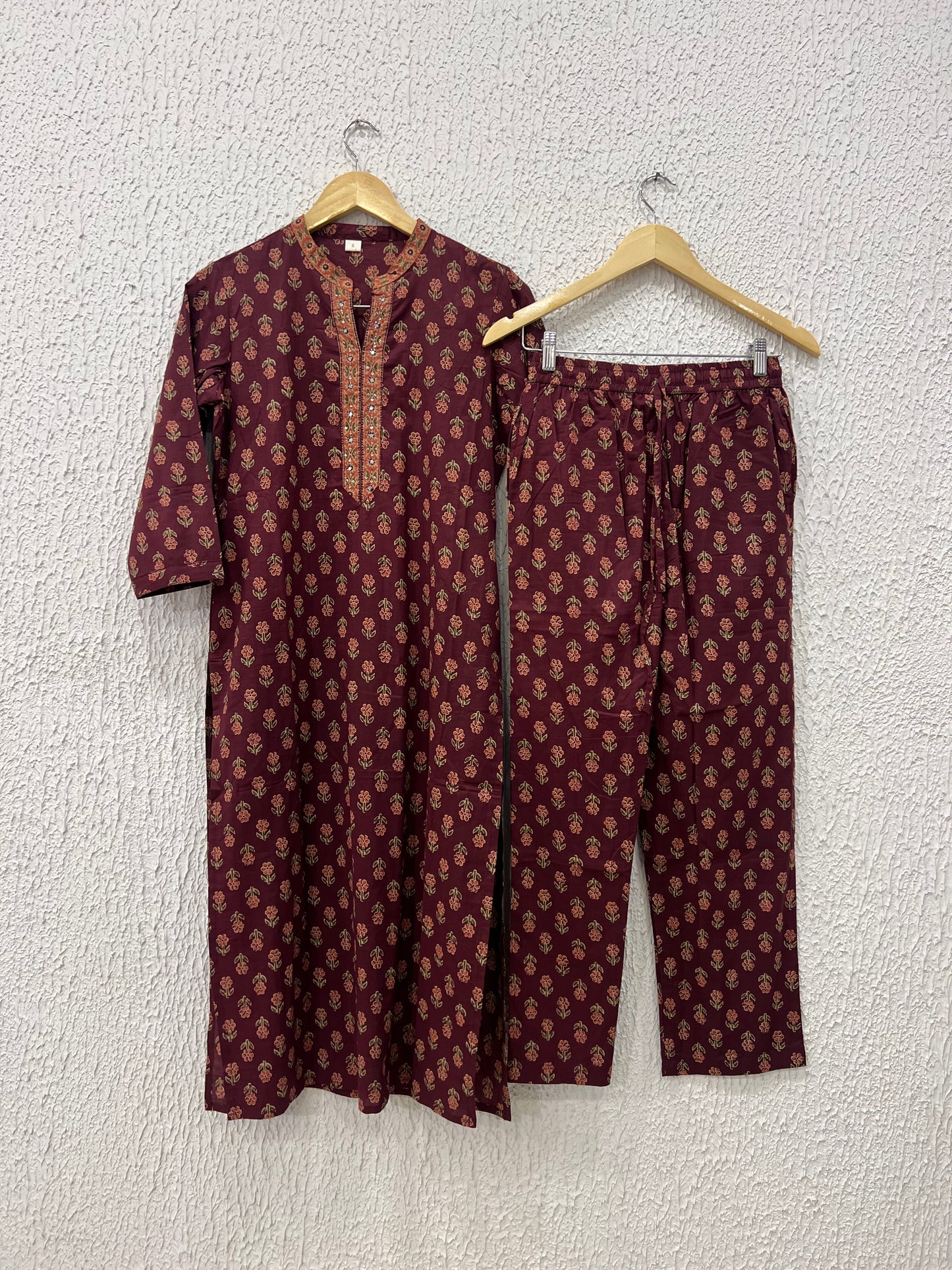 Maroon Cotton Printed Kurta Set