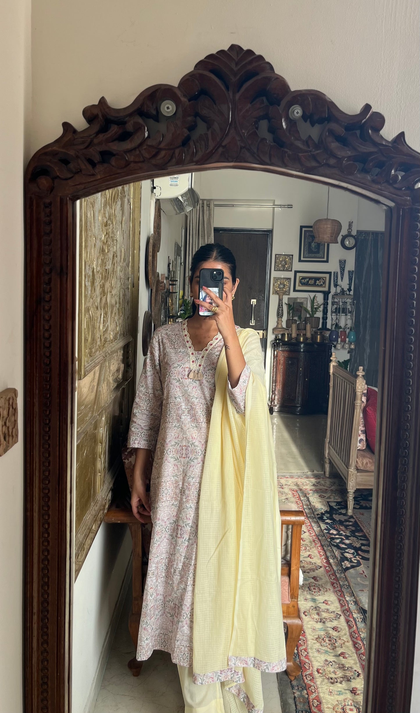 Cream Cotton Suit Set With Kota Doriya Dupatta