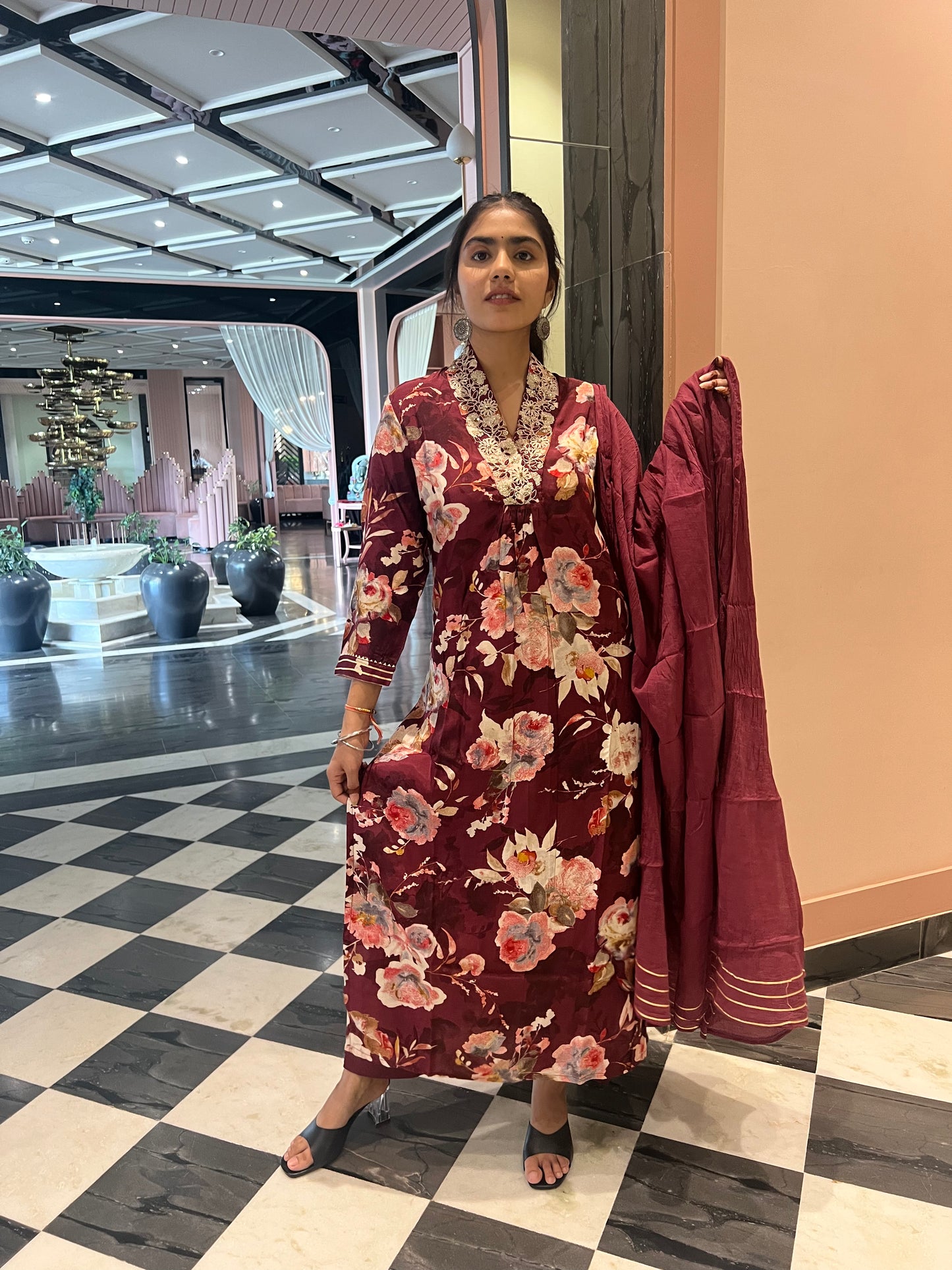 Wine Color Floral Printed Dupatta Set