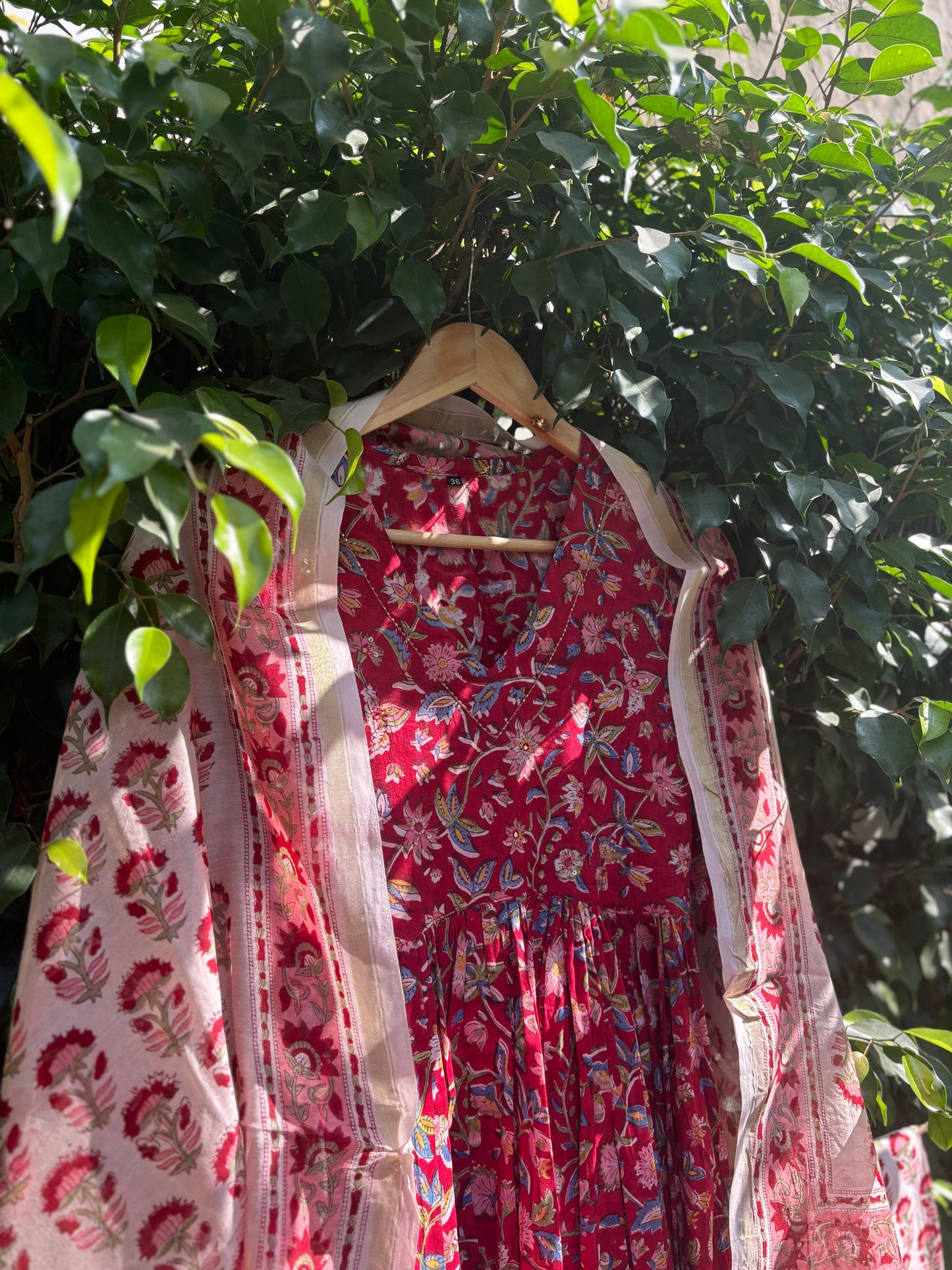 Red Pure Hand-block Anarkali Suit Set with Chanderi Dupatta