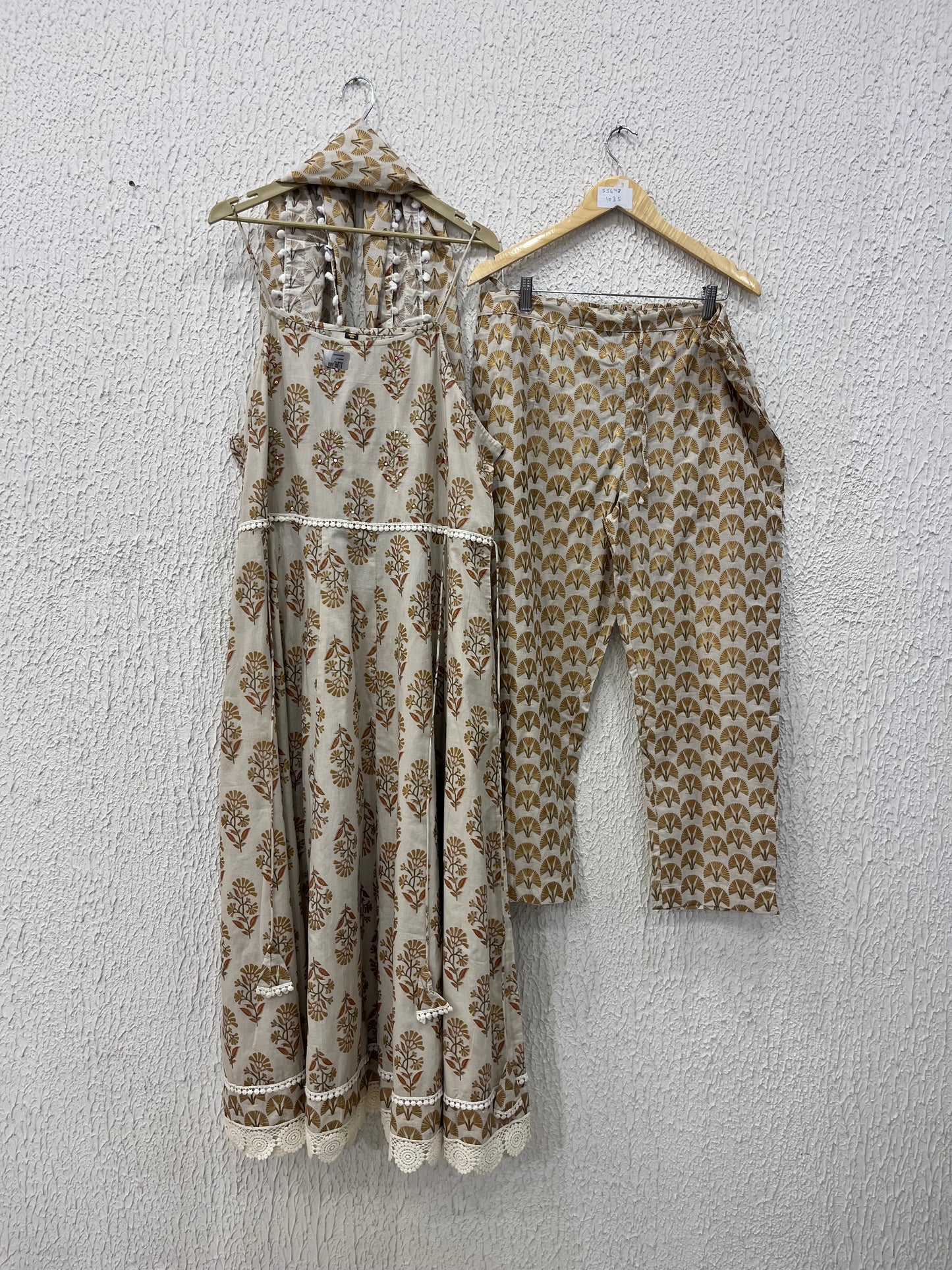 Beige Printed Cotton Anarkali Suit Set with lace detailing