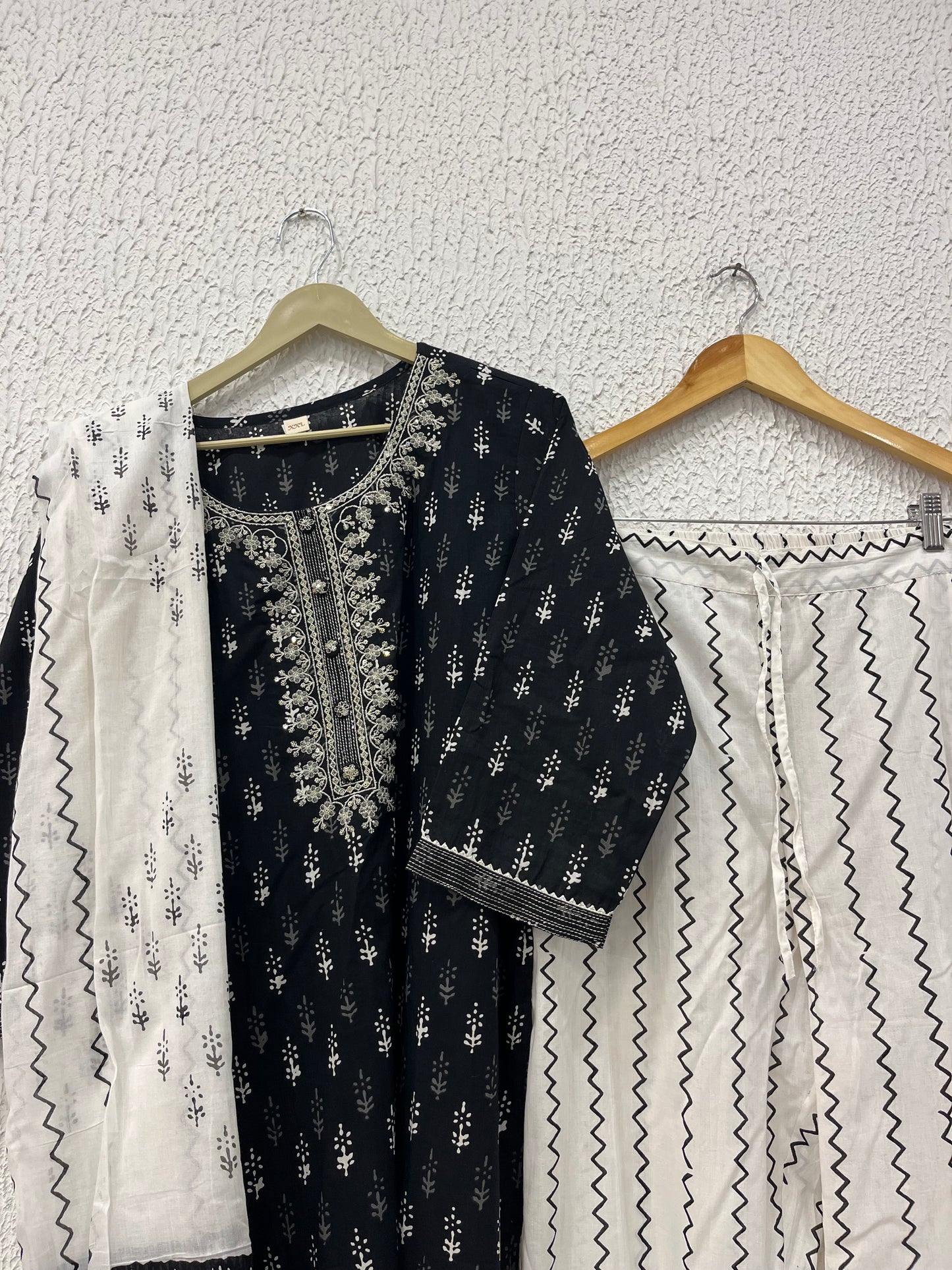 Black printed cotton kurta set with dupatta
