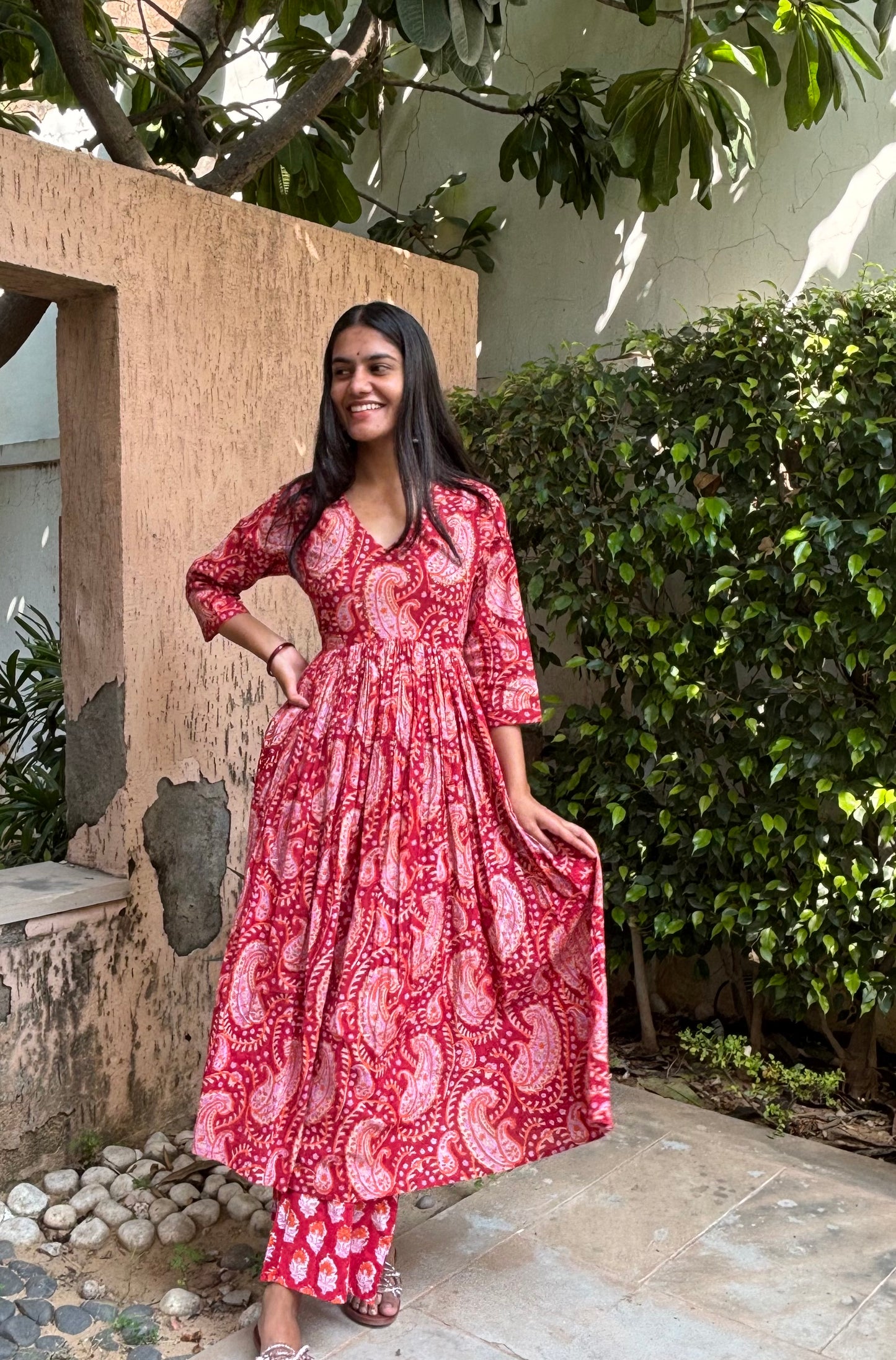 Red Handblock Printed Cotton Anarkali