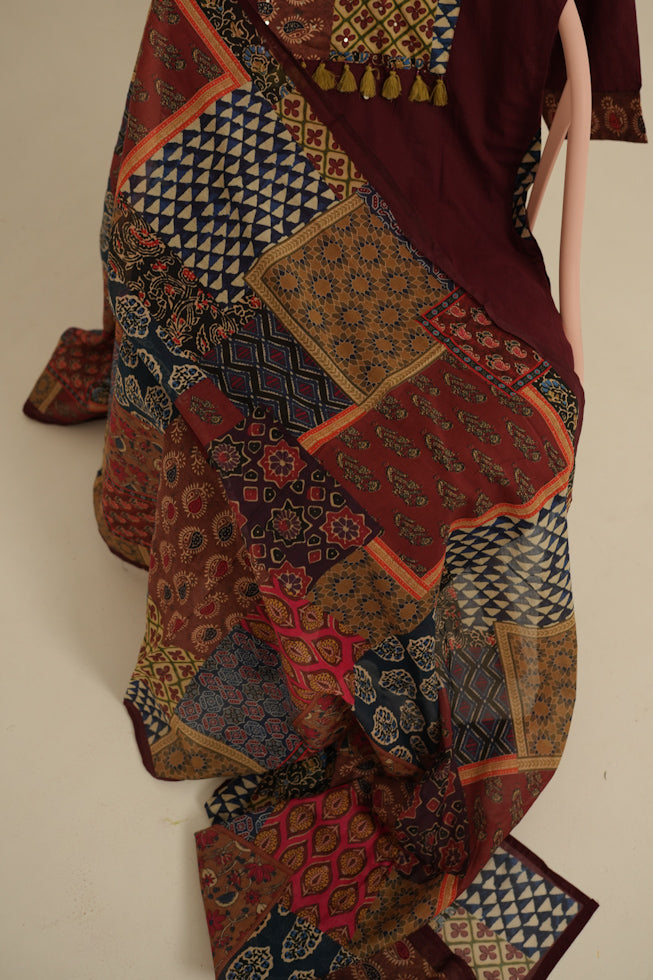 Maroon Cotton Ajrak Kurta Set