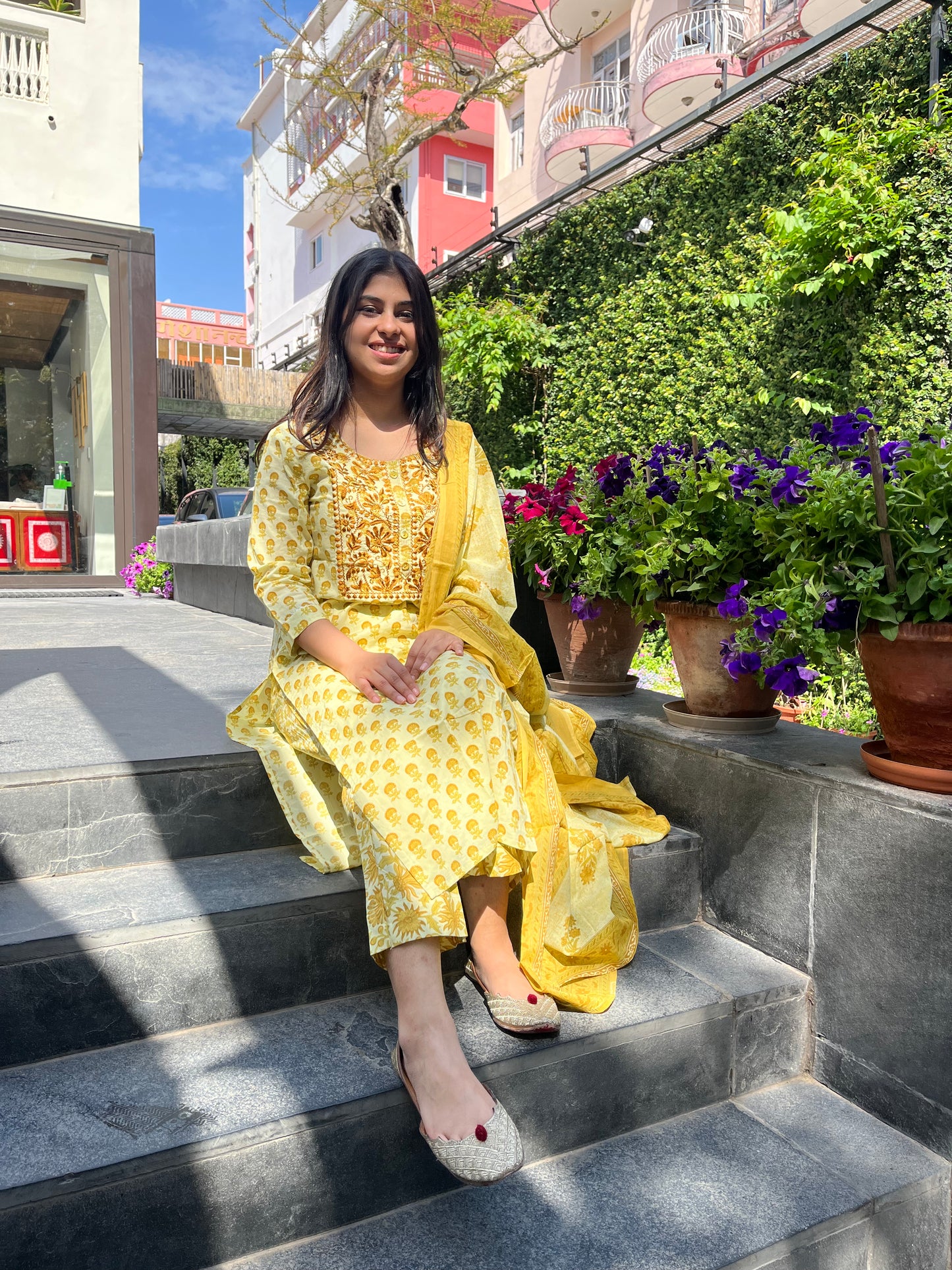 Pastel Green Cotton Printed Dupatta Set with embroidery.