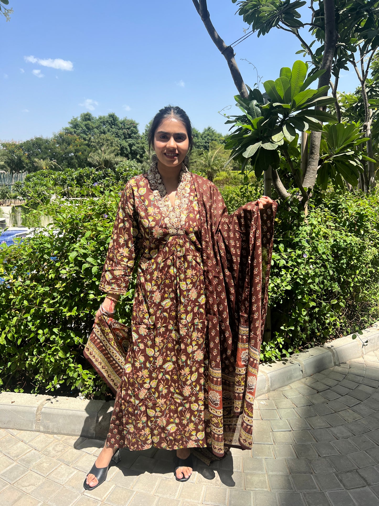 Brown Cotton Printed Dupatta Set.