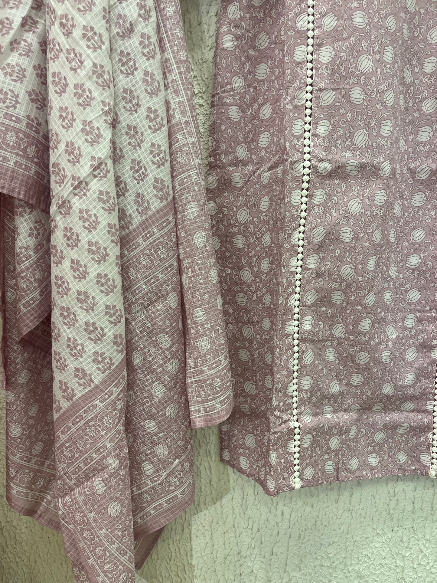 Pink printed cotton kurta set with dupatta