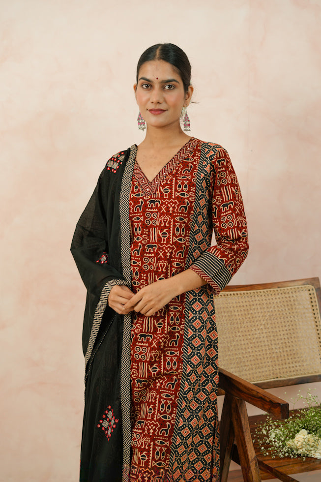 Brown Cotton Ajrak Kurta Set